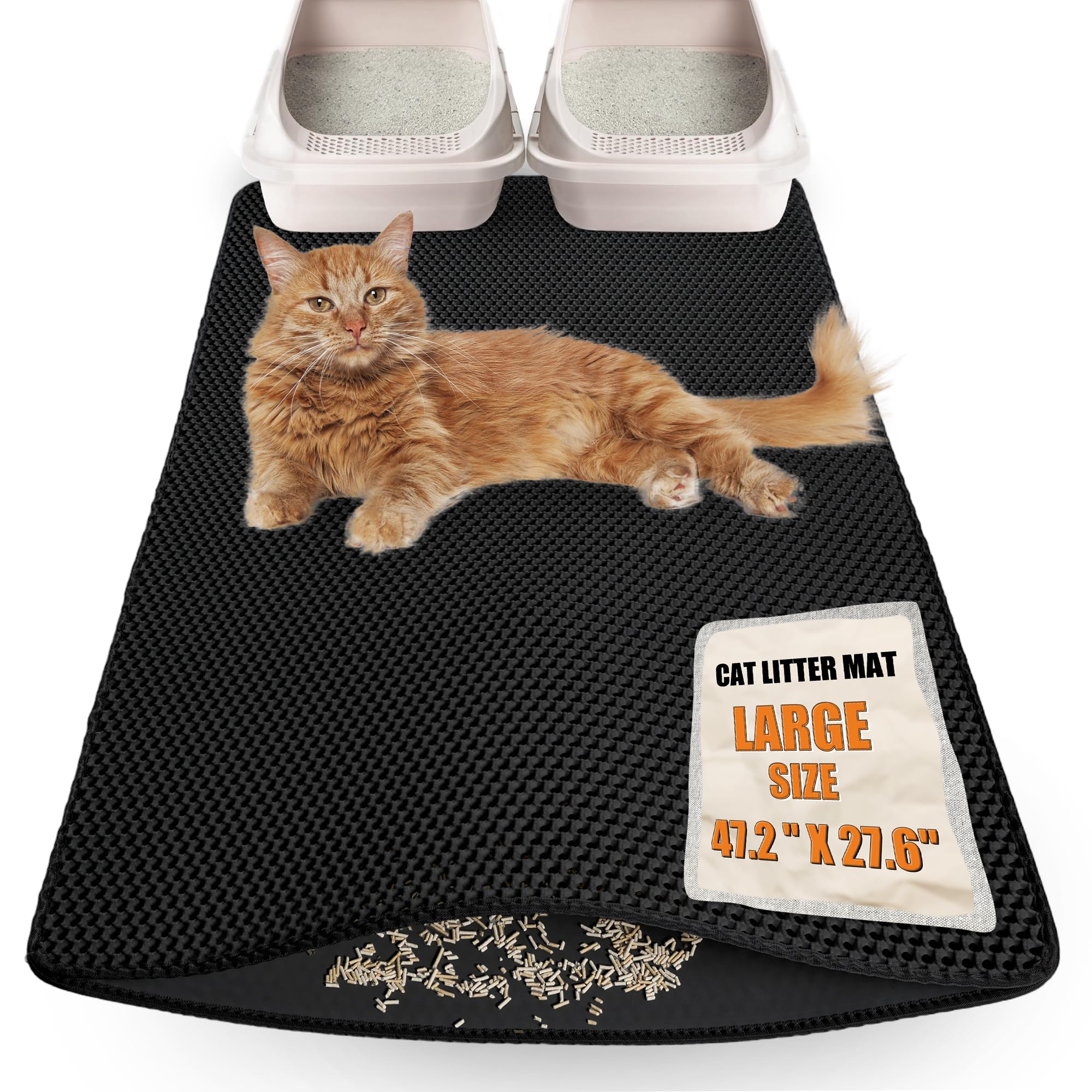 Cat Litter Box Mat- (47" x 27"), Extra Large,Double Layer Honeycomb Pad Rug, Waterproof Cat Litter Trapping Mat, Non-Slip, Easy Clean,Durable,Black