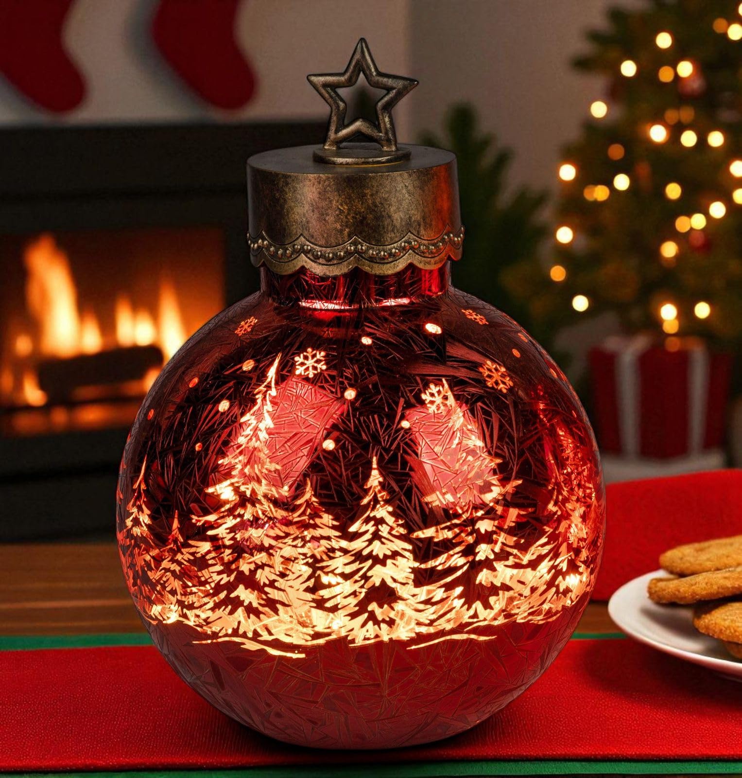 formano LED Deko-Kugel Frosty Rot 30 cm Farb-Glaskugel in Ice-Optik Timer 6h/18h beleuchtet - Batteriebetrieben - Herbst Winter Weihnachtsdeko für Tisch Regal Fensterbank