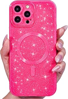 Svanove Glitter Case for iPhone 15 Pro Max Phone Case Magnetic Compatible with Magsafe, Sparkle Bling Shiny Sparkly Cute Girly Design, Trendy Aesthetic Hard Mag Cover for Women Girls, Neon Hot Pink