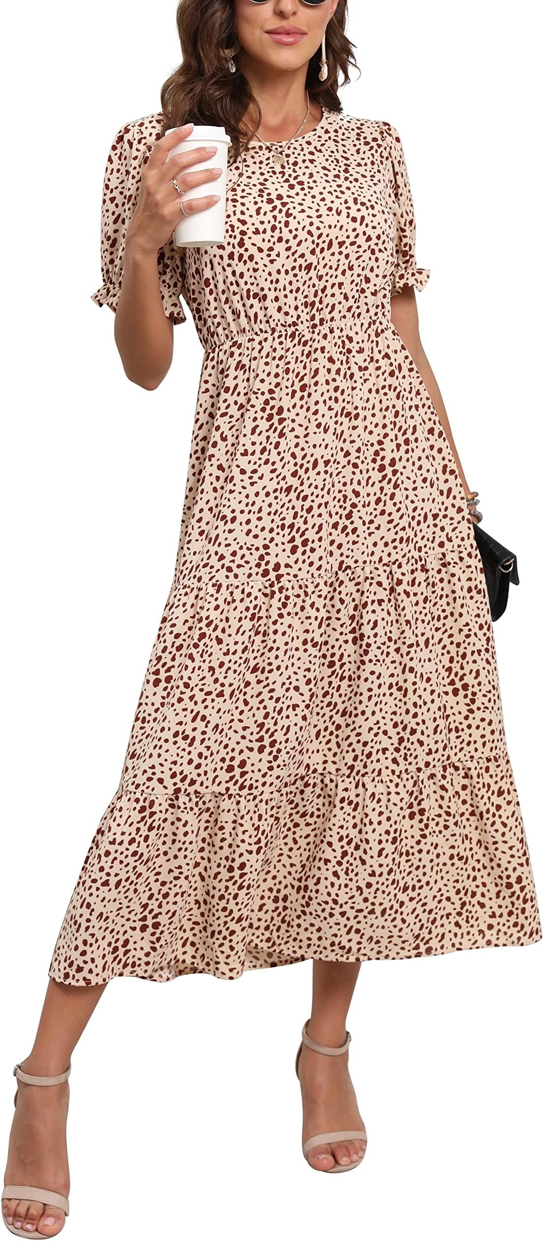 GRECERELLE Women's 2025 Spring Summer Casual Loose Crewneck Boho Dress Ruffle Puff Sleeve High Waist Midi Dress