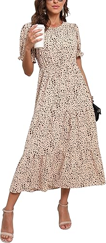 GRECERELLE - Vestido de verano para mujer, informal, holgado, cuello redondo, bohemio, con volados, manga abombada y cintura alta, vestido de playa