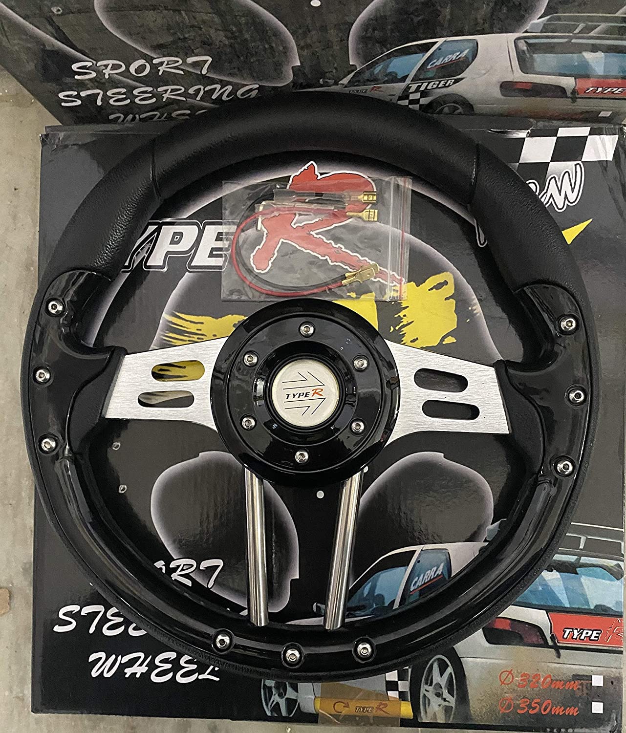 (BLACK TYPE-R STEERING) 13 inch TRACTOR STYLE BLACK MOMO Universal Steering Wheel for Sports Car Look Rally Race Off Road with HUB Free.