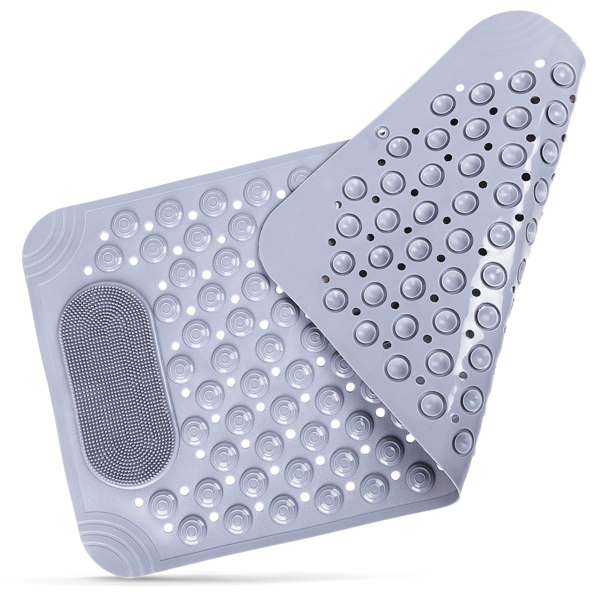 PEUZ Duschmatte mit Saugnäpfen & Fußreiniger – Antirutschmatte 36x70 cm Grau für Dusche, rutschfeste Badematte mit Massagefunktion