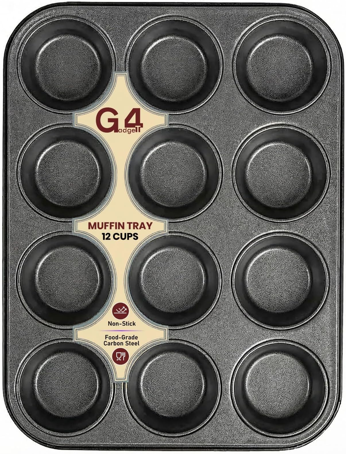 G4GADGET Nonstick 12 Cup Muffin Tray - Dishwasher Safe, Premium Bakeware for Muffins & Cupcakes, Heat Resistant, Stain-Resistant, Oven-Safe up to 450°F, Black
