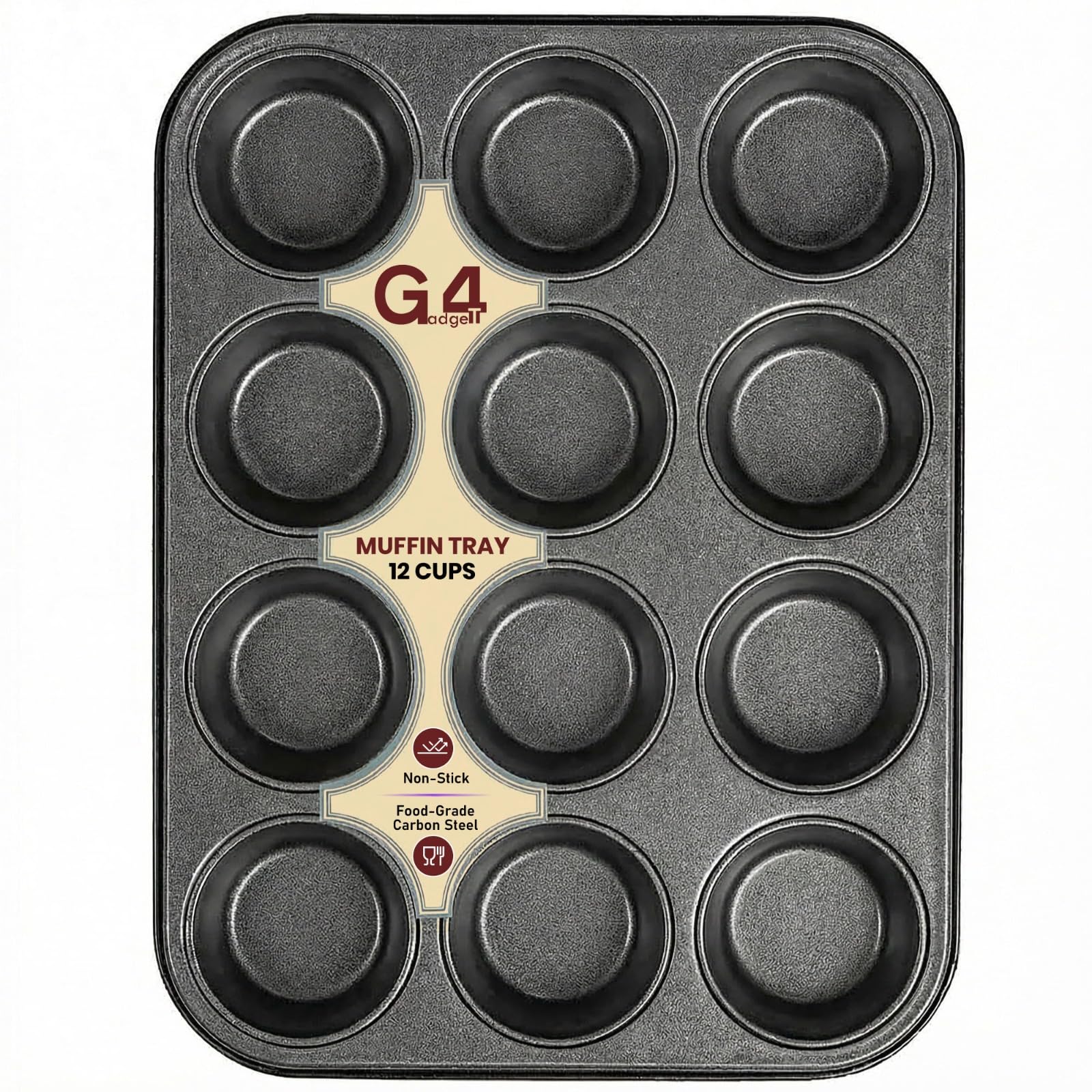 G4GADGET Nonstick 12 Cup Muffin Tray - Dishwasher Safe, Premium Bakeware for Muffins & Cupcakes, Heat Resistant, Stain-Resistant, Oven-Safe up to 450°F, Black
