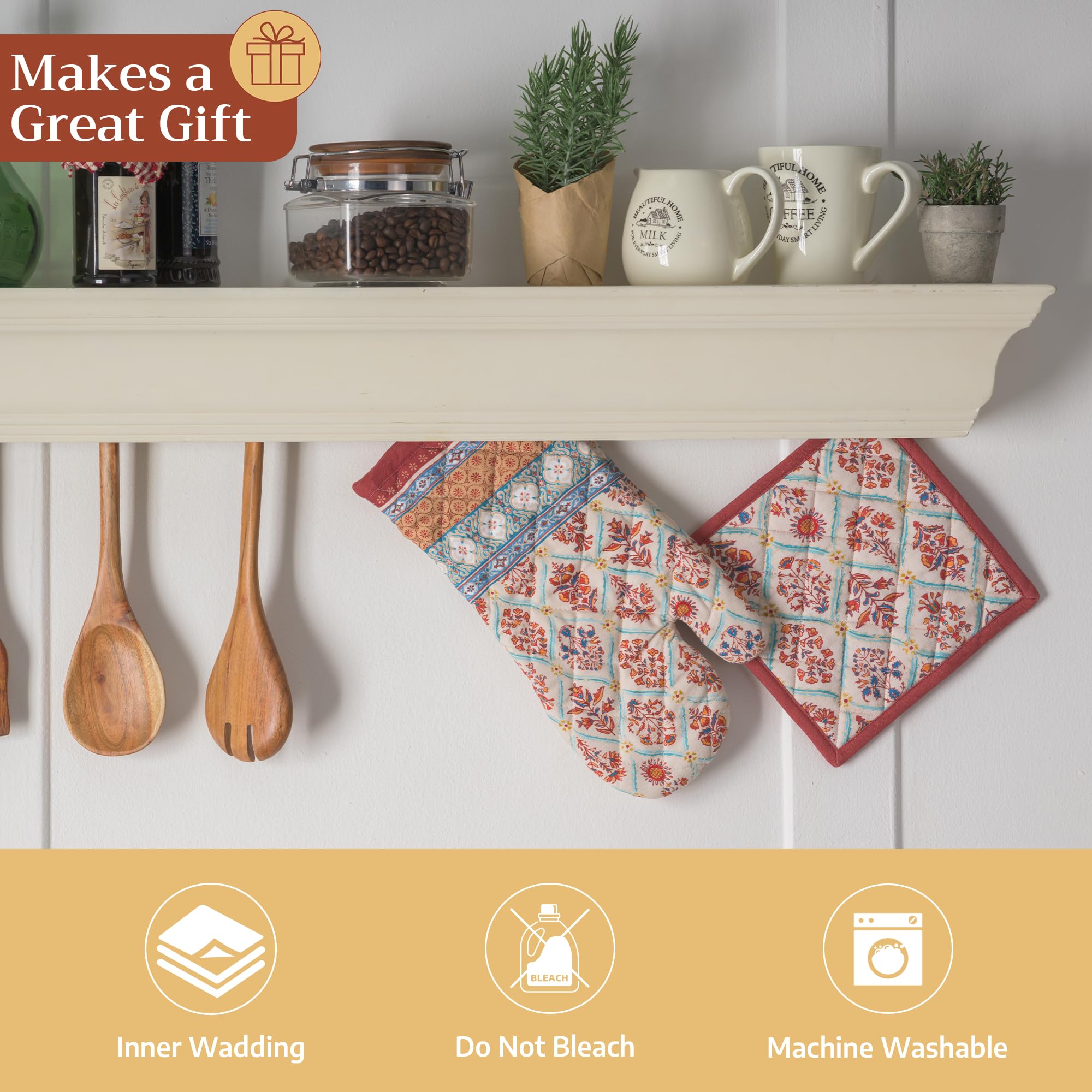 Maison d' Hermine Juego de manoplas de horno de algodón y soporte para ollas, protección de cocina gruesa y resistente al calor (7.5 x 13, 8 x 8 pulgadas) para hornear, barbacoa y más, suave,