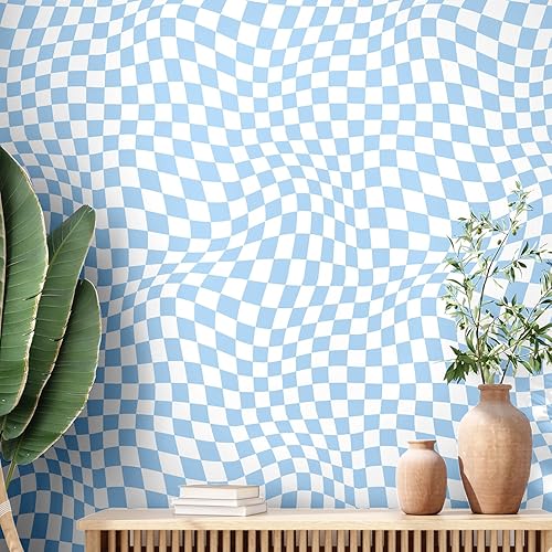 Papel tapiz a cuadros de 15.75 x 118 pulgadas, estético, extraíble, papel tapiz decorativo de tablero de ajedrez para gabinetes (azul claro)
