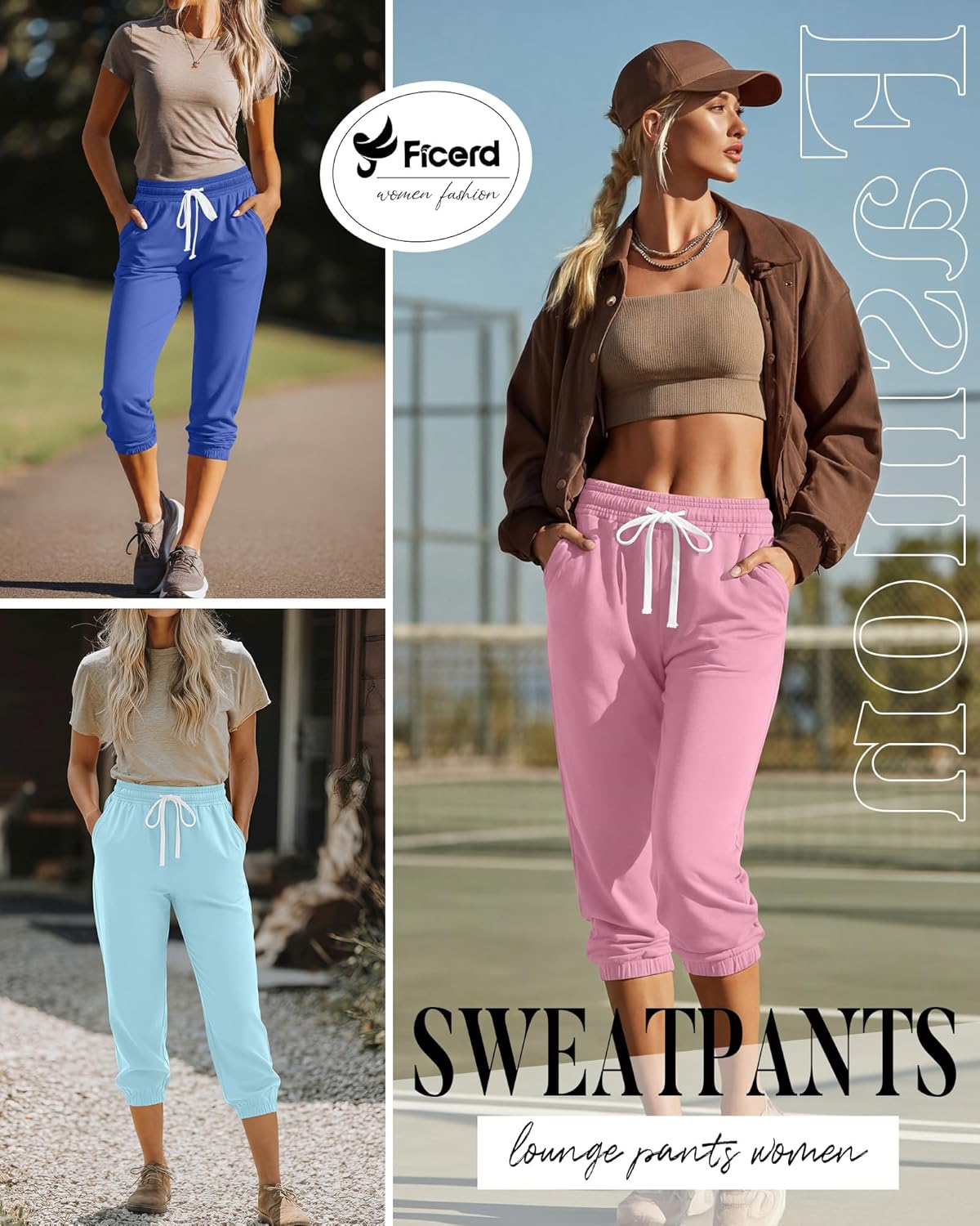Ficerd 3 Pcs Women's Capri Sweatpants Joggers Summer Casual Sports Cropped Lounge Pants High Waisted Athletic with Pockets - Image 4