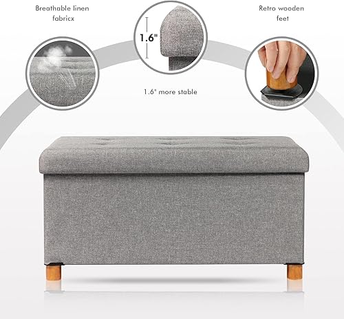 Miniatura 25 de PINPLUS Cubo otomano de almacenamiento, reposapiés de lino con patas de madera, reposapiés de tela plegable, asiento cómodo con tapa, otomana con