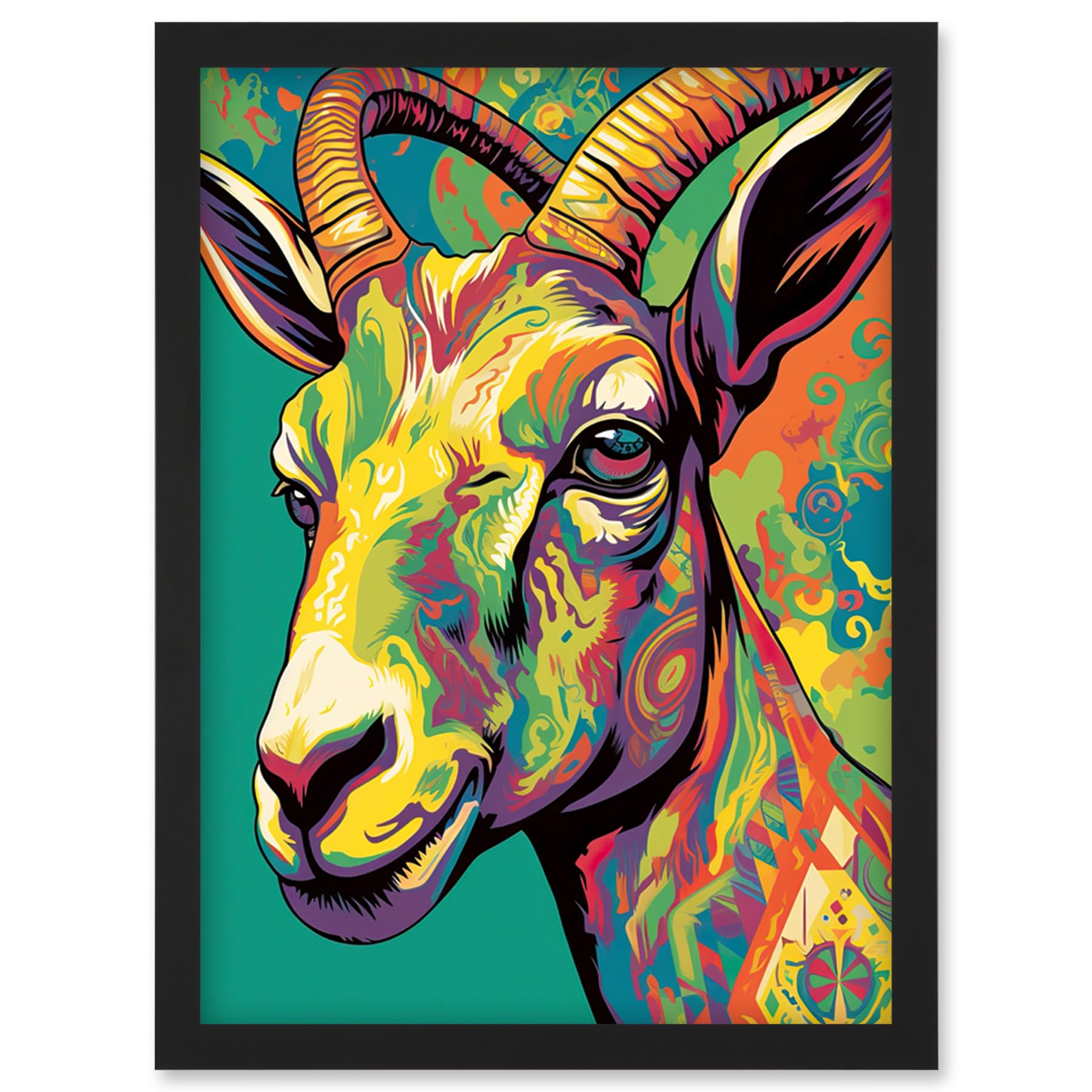 Artery8 The Trippy Goat Psychedelic Portrait Vibrant Colourful Patterns Modern Pop Art Artwork Framed Wall Art Print A4