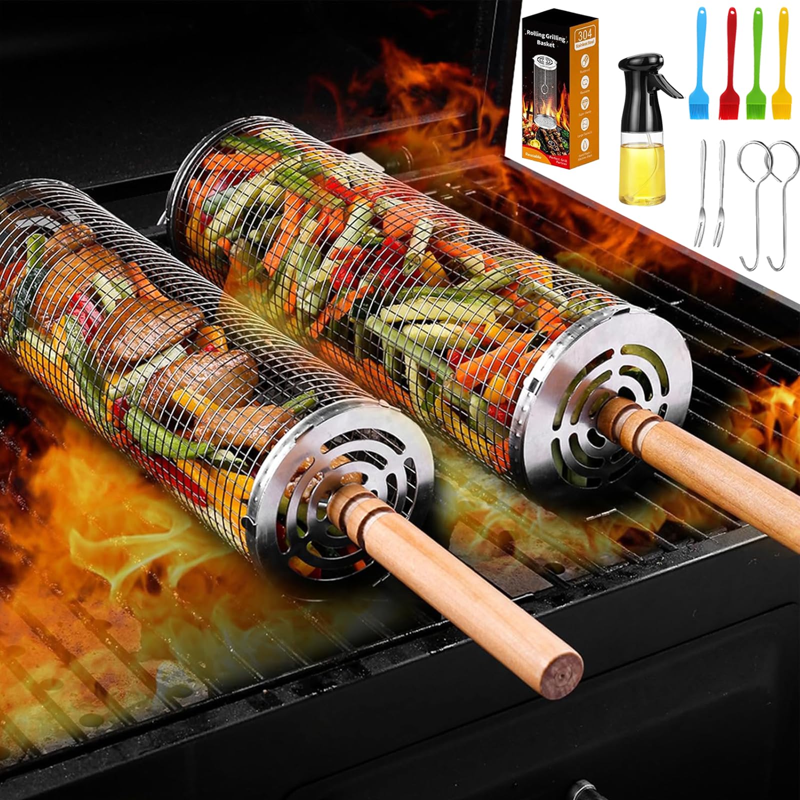 Rolling Grill Basket 2 PCS, 304 Stainless Steel Mesh, Removable Wooden Handle, Washable Reusable for Fish, Shrimp, Meat Vegetables - Portable Camping BBQ Accessories,Gift for Men Dad Husband