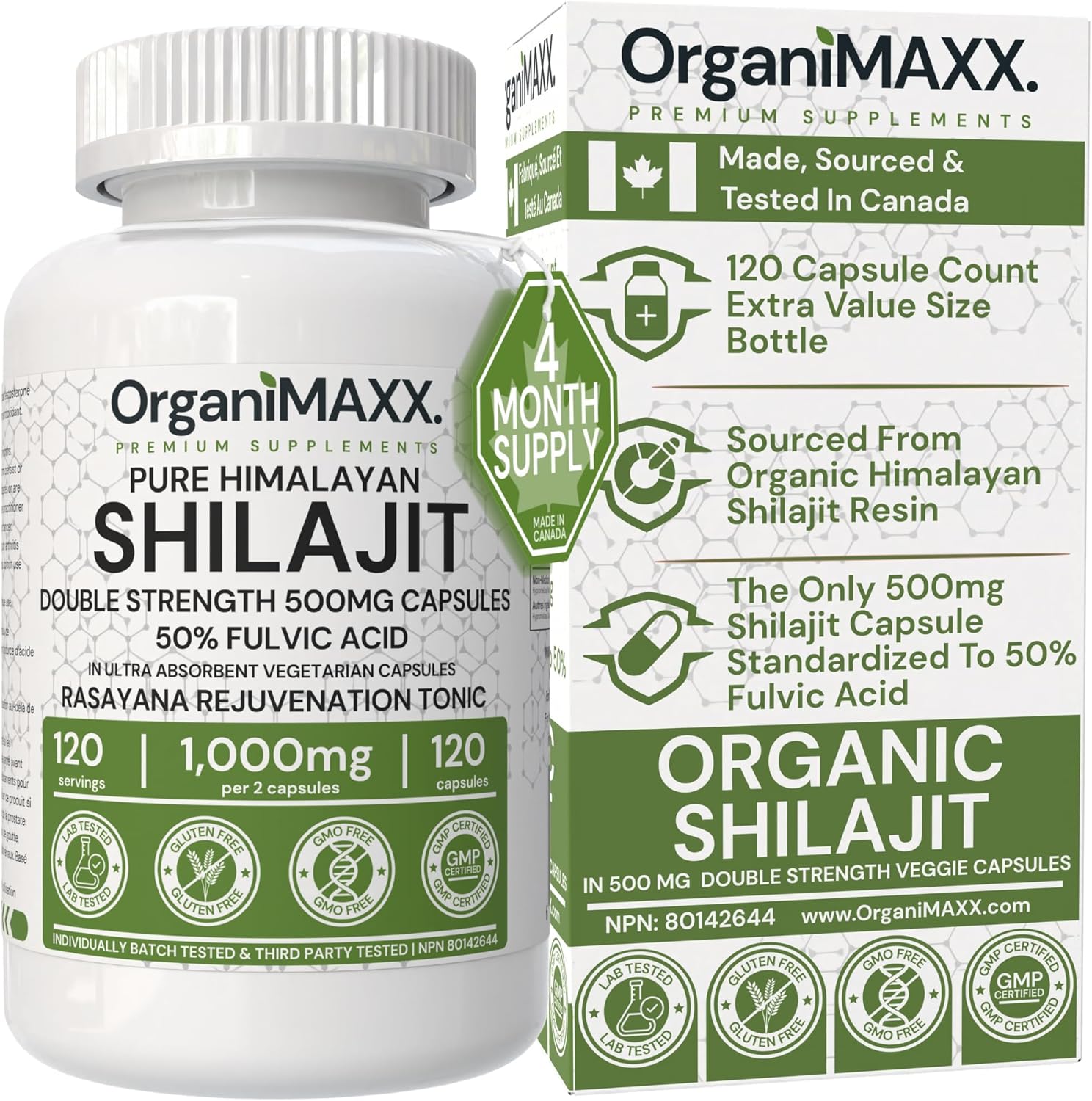 500mg Organic Shilajit Capsules | 50% Fulvic Acid | 120 Pack Value Size Bottle | OrganiMAXX Pure Himalayan Shilajit For Men & Women, Fulvic Acid For Metabolism & Immune System Support