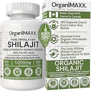 OrganiMAXX - Himalayan Shilajit 500mg Capsules | 50% Fulvic Acid for Metabolism, Energy &amp; General Wellbeing | Pure Shilajit for Men &amp; Women | Promotes Overall Wellness | 120 Pack Value Size Bottle