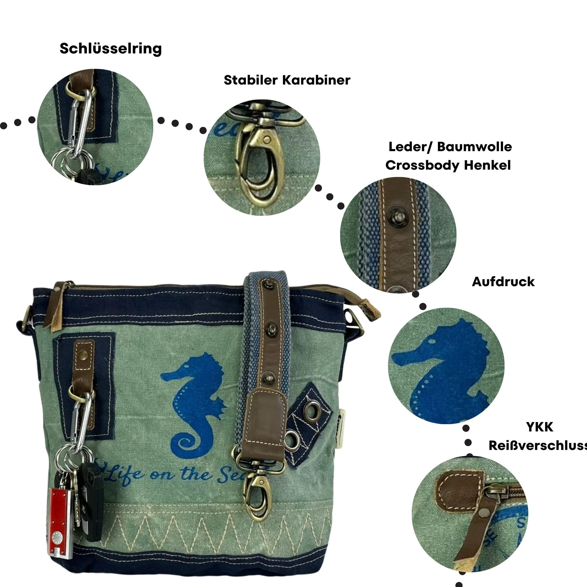 Sunsa Damen Maritim Umhängetasche. Crossover Bag aus Canvas & Leder. Kleine Vintage Stil Tasche als praktische Geschenkidee für Frauen/Mädchen. Damentaschen mit Seepferd Aufdruck