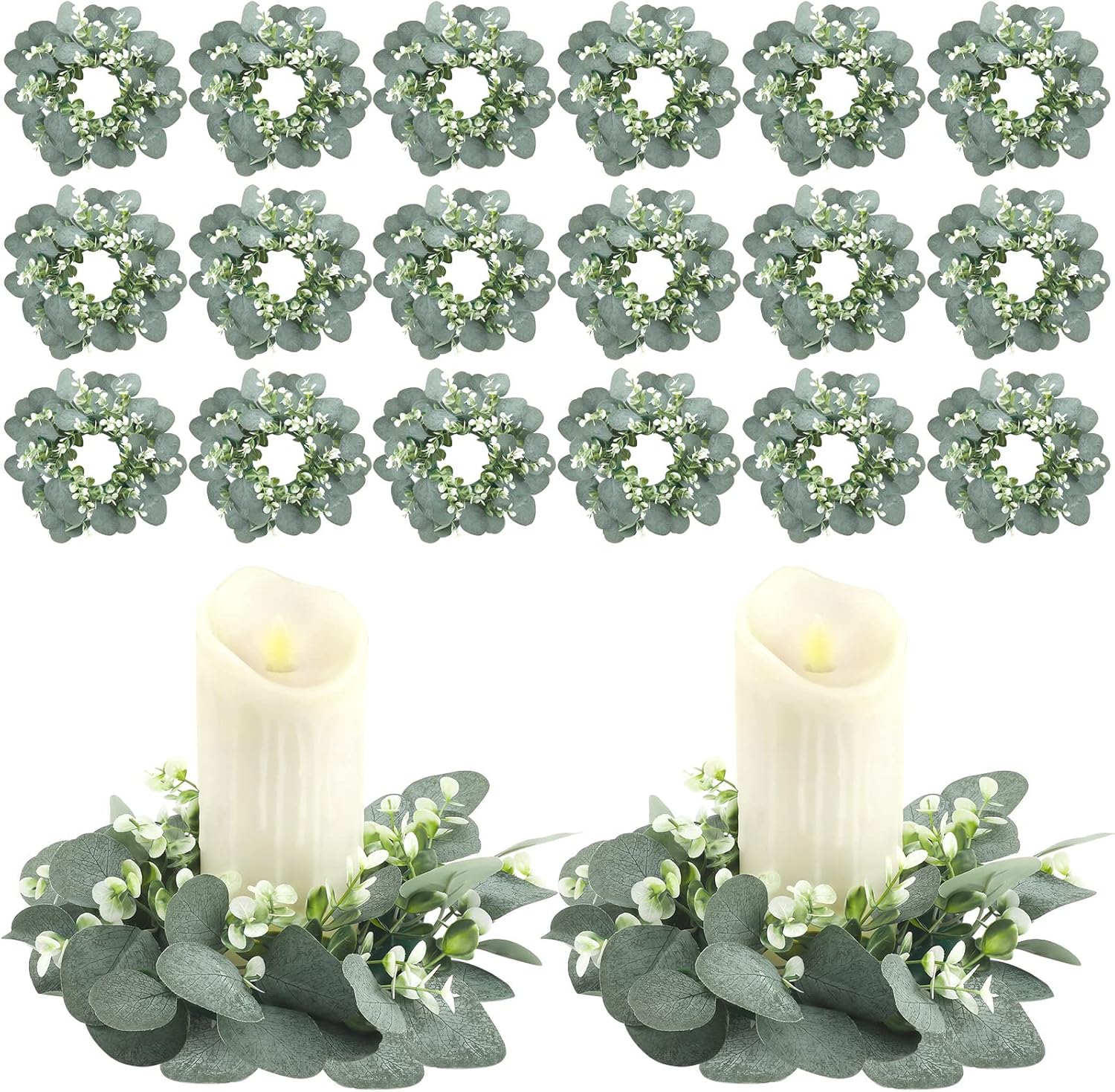Panelee 20 Pcs Candle Rings Artificial Eucalyptus Candle Wreath Greenery Leaves Boho Garland Pillar Candleholders for Wedding