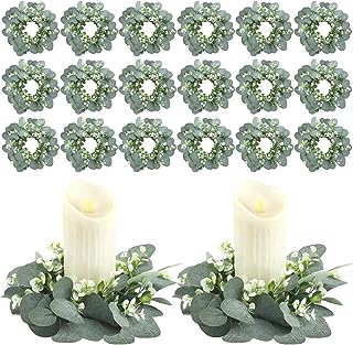 Panelee 20 Pcs Candle Rings Artificial Eucalyptus Candle Wreath Greenery Leaves Boho Garland Pillar Candleholders for Wedding