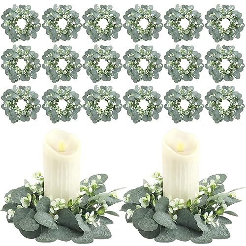 Panelee 20 Pcs Candle Rings Artificial Eucalyptus Candle Wreath Rings
