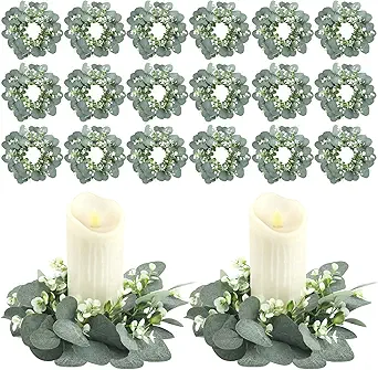 Panelee 20 Pcs Candle Rings Artificial Eucalyptus Candle Wreath Greenery Leaves Boho Garland Pillar Candleholders for Wedding