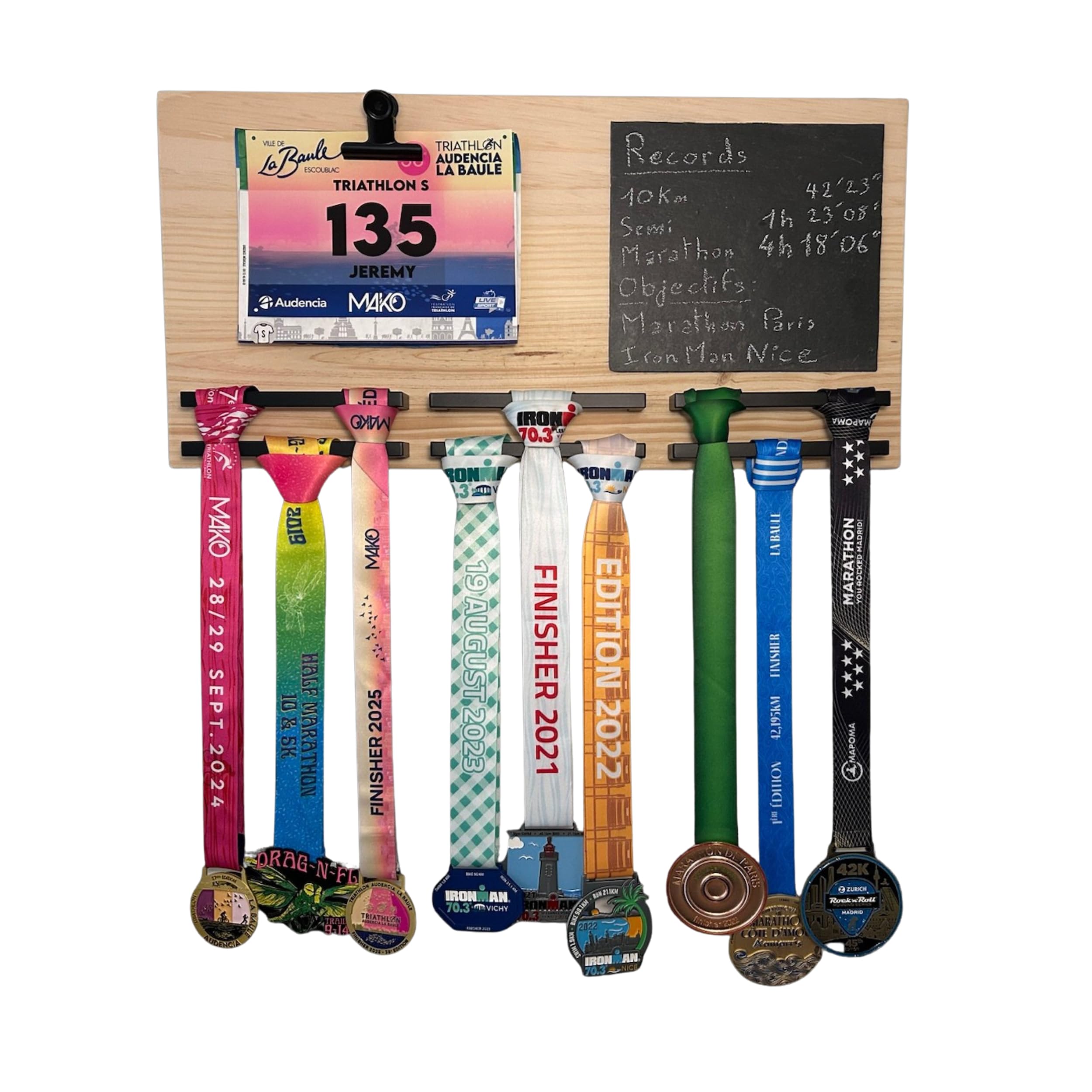 Générique Porte Médailles et Support dossards Premium 60 médailles en Bois Massif – Running Triathlon, Marathon et Ironman Finisher