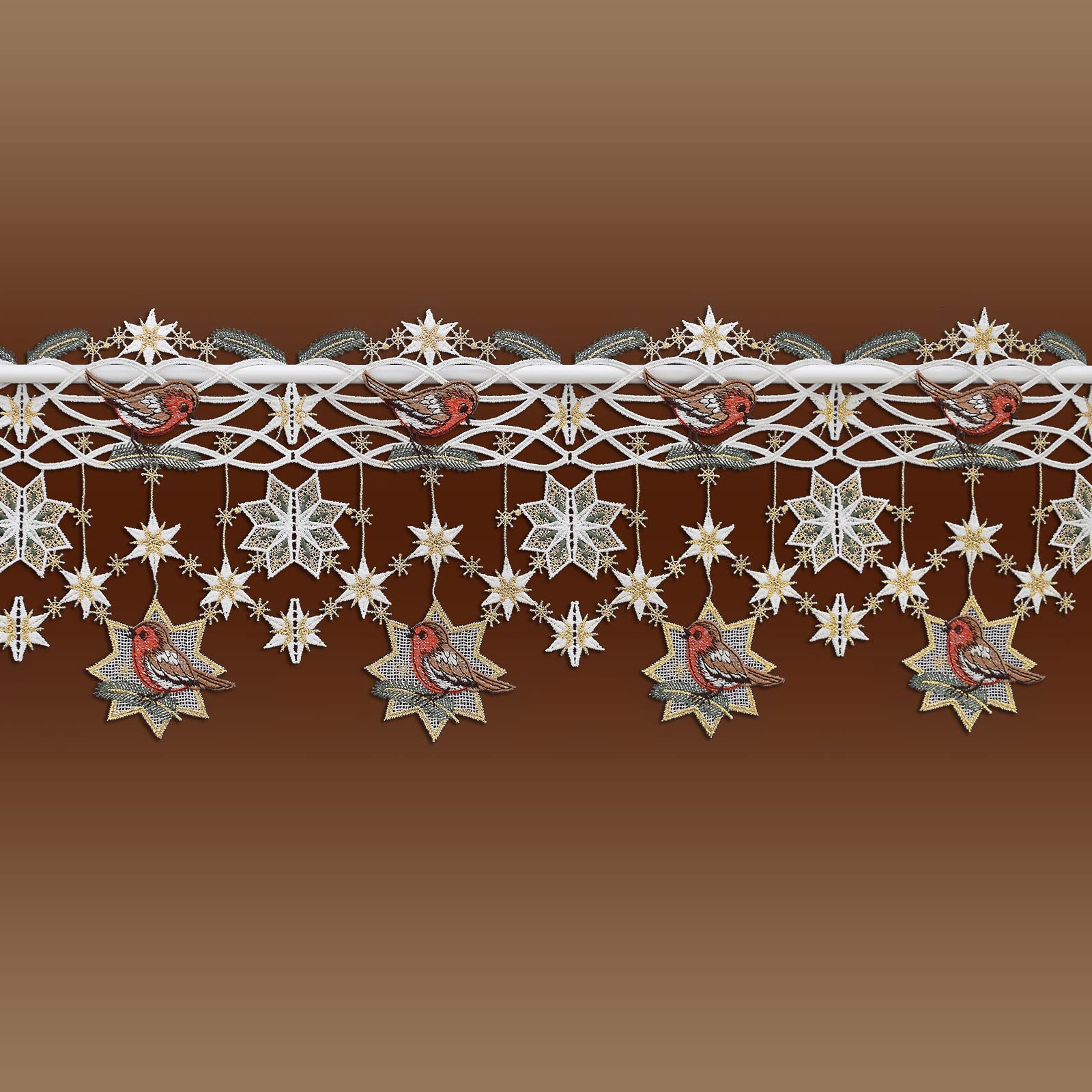 Feenhaus-Spitzenkante Rotkehlchen mit Schneesternen Vogtländischer Spitze Scheibengardine Winterdeko 25 x 64 cm