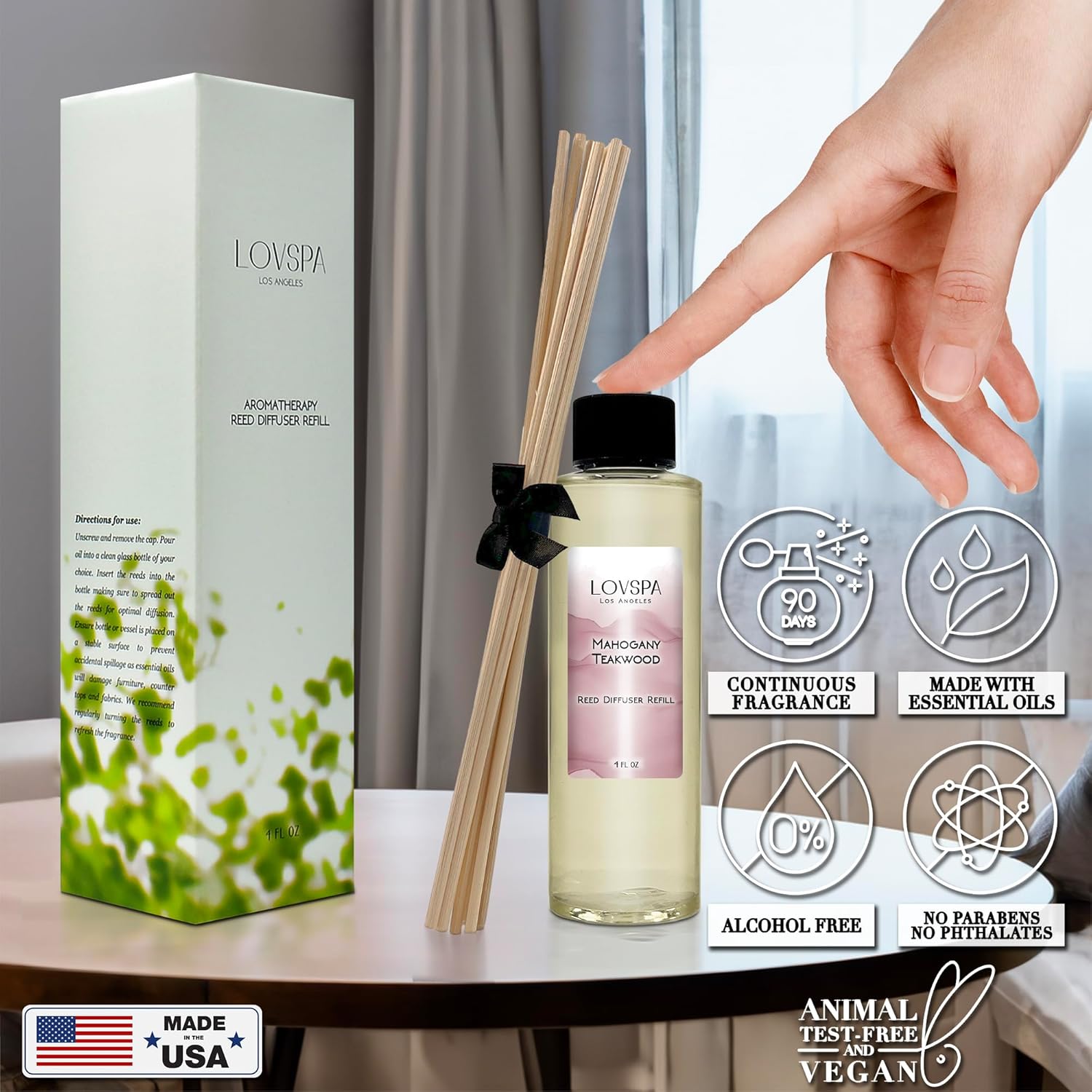 LOVSPA Mahogany Teakwood Reed Diffuser Refill, 4 oz, Bundle with Mahogany Teakwood Reed Diffuser Set - Made with Essential Oils in The USA