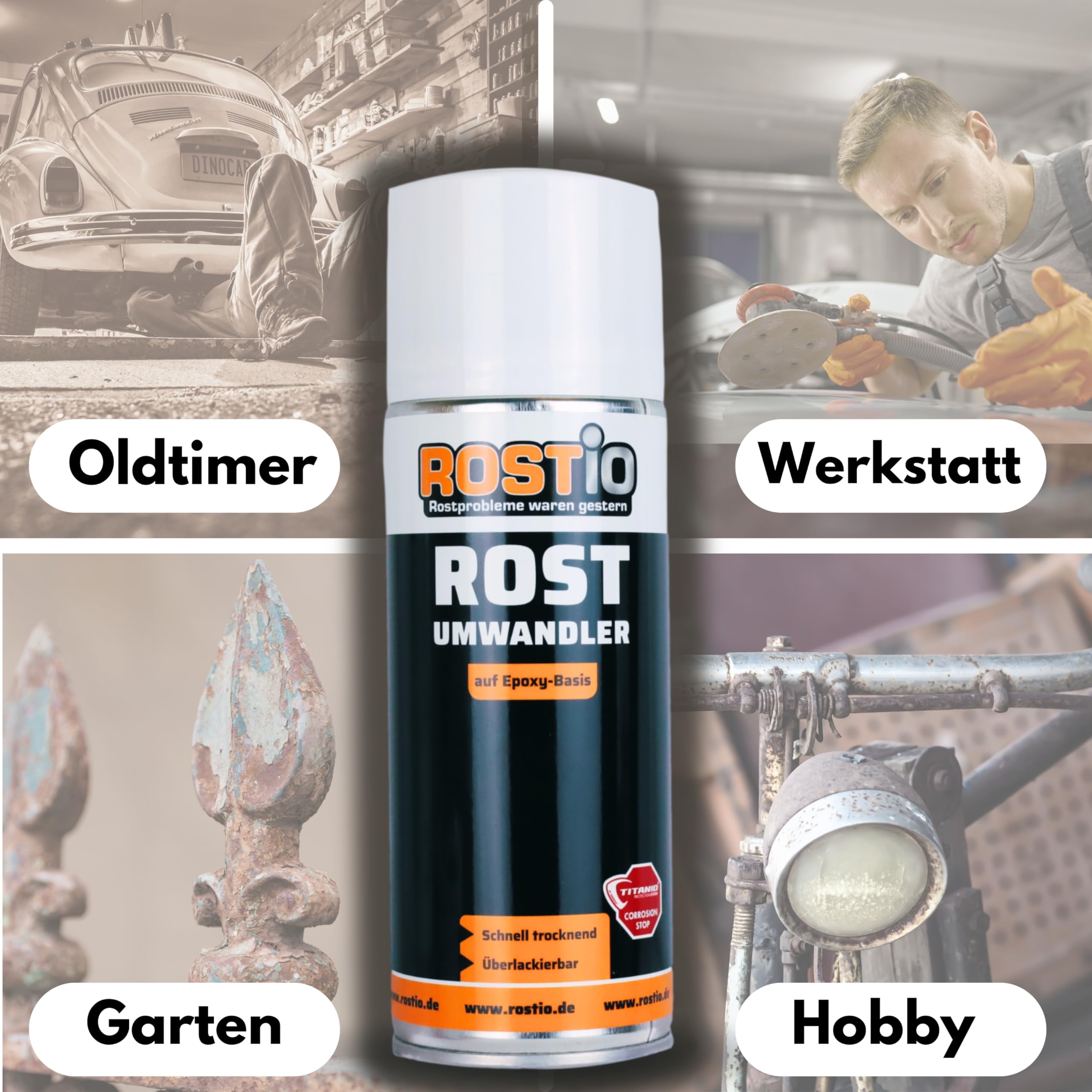 Rostio 12 x Rostumwandler Spray 400ml Rostkonverter Epoxy mit Grundierung, neutralisiert Rost und stoppt Korrosion