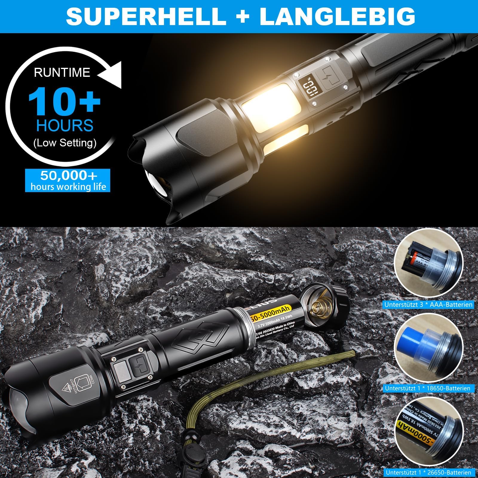 Audor Zaklamp LED 10.000 Lumen, LED Zaklamp, Extreem Helder Met COB Werklamp Zaklamp Oplaadbaar Usb Waterdicht 7 Modi Zoombaar Tactische Zaklamp Voor Kamperen Wandelen Noodgevallen 26650 Accu