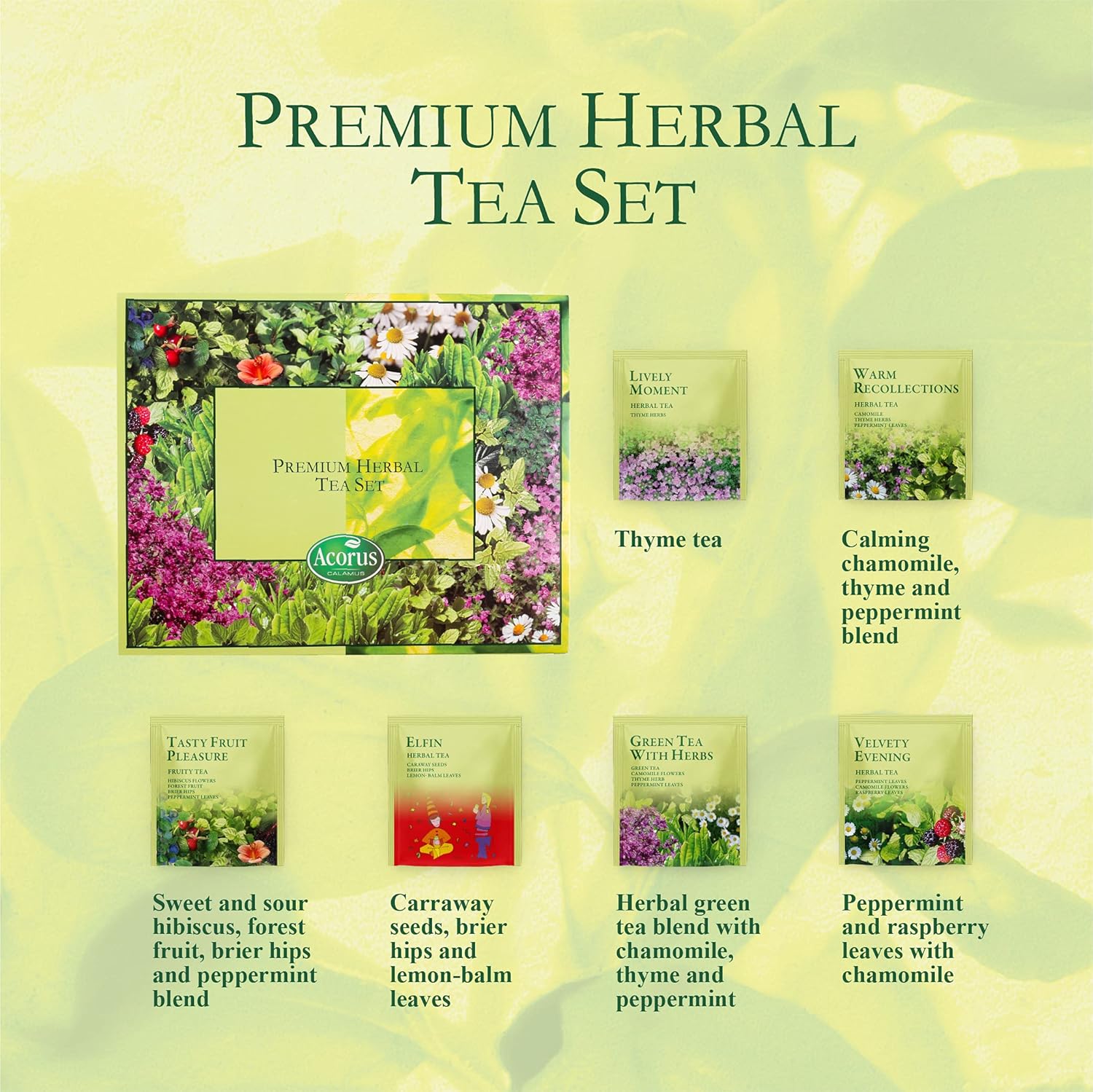 ACORUS Premium Tea Set - Natural Herbal Tea Variety Pack, Gift Set of 6 Different Teas, 60 Bags Individually Wrapped, Herbal Sampler Box