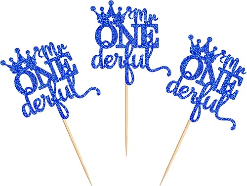 Miniatura 7 de Ercadio Paquete de 24 coronas de Mr Onederful para cupcakes, corona azul con purpurina, una corona de príncipe para primer cumpleaños, decoración de