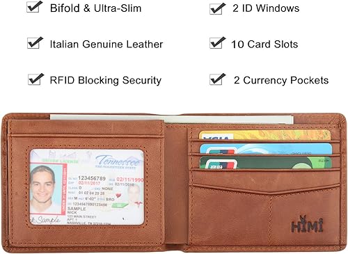 Miniatura 38 de HIMI - Cartera elegante de cuero auténtico para hombre, con bloqueo de interferencia de radiofrecuencia (RFID), con 2 ventanas para identificación