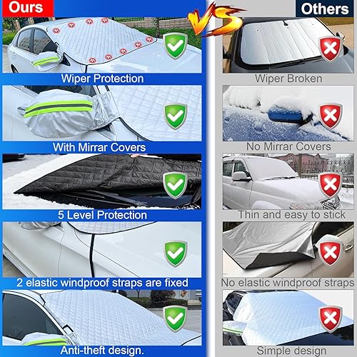 Miniatura 6 de Cubierta de nieve para parabrisas de automóvil para hielo con protección de 5 capas, protector de parabrisas de invierno con bordes magnéticos,