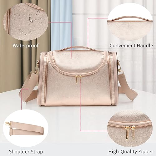 Miniatura 4 de Ethereal Bolsa de maquillaje grande, bolsa de maquillaje de viaje de oro rosa con correa para el hombro, bolsa de aseo para mujer, bolsa de viaje