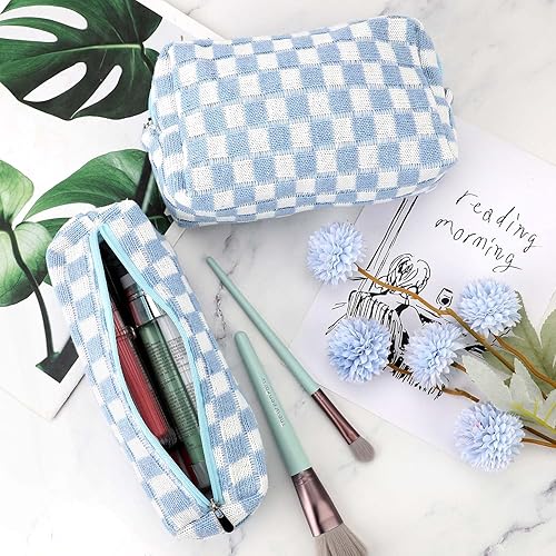 Miniatura 6 de Juego de 3 bolsas de maquillaje para niñas, mujeres, organizador de viaje a cuadros, bolsa de aseo de baño, bolsa de almacenamiento de gran