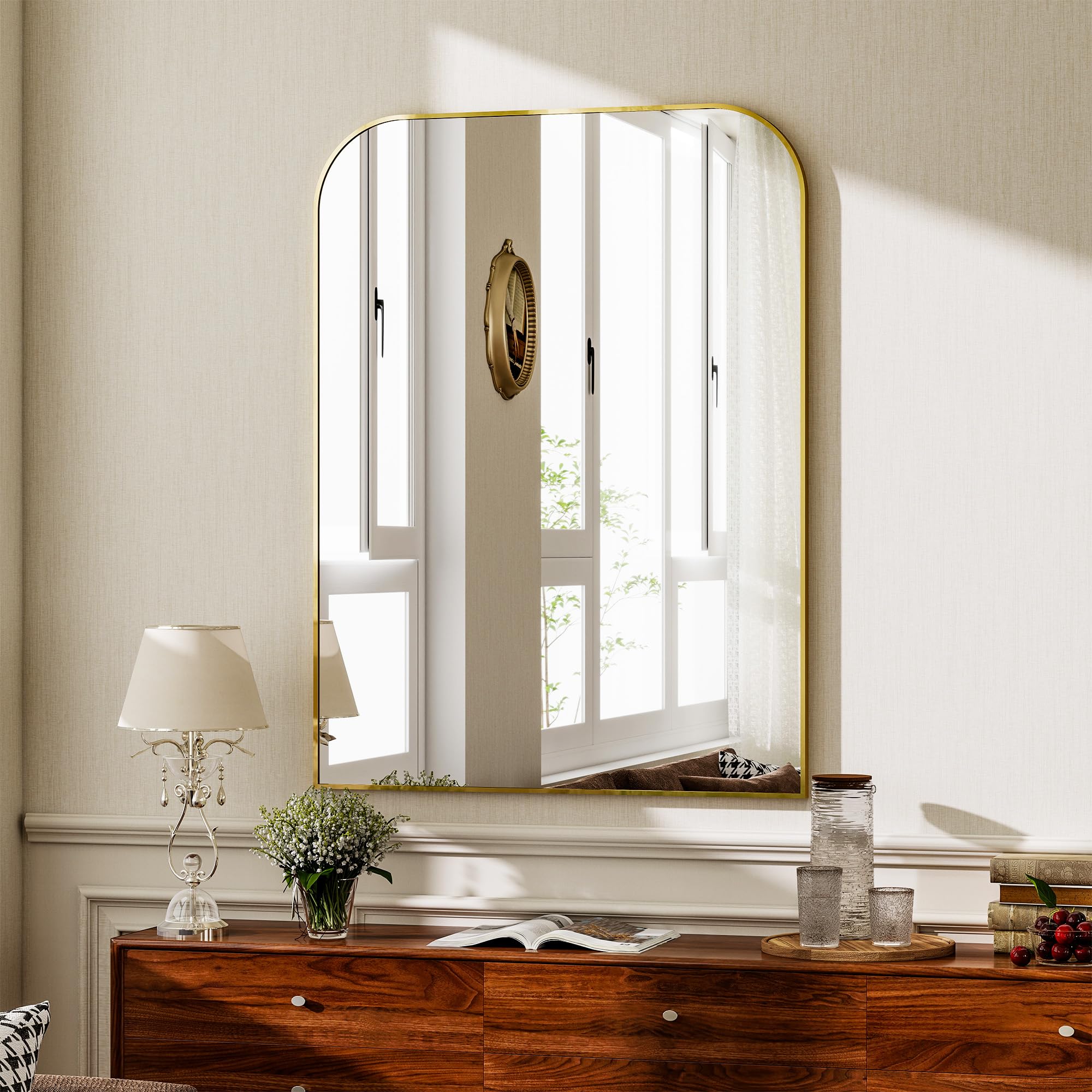 Koonmi Rounded Rectangle Bathroom Wall Mirror, 76 x 100 cm, Gold