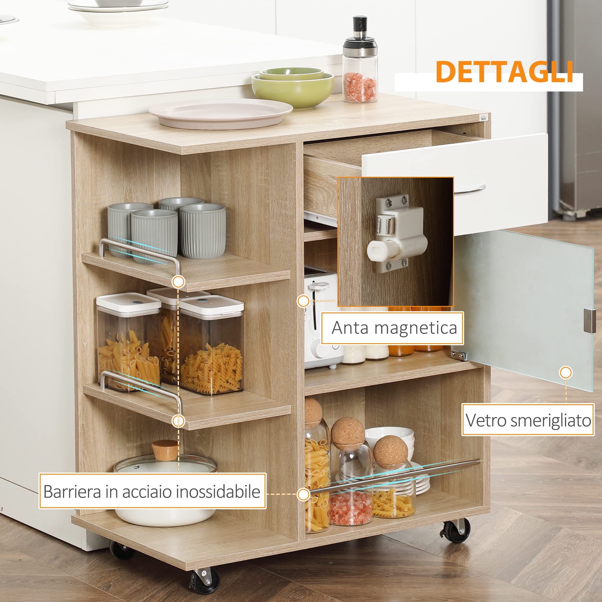 HOMCOM Carrello da Cucina Moderno con Cassetto, Ripiani e Armadietto, Isola per Cucina Portavivande in Legno, Acciaio e Vetro, 65x39x80cm