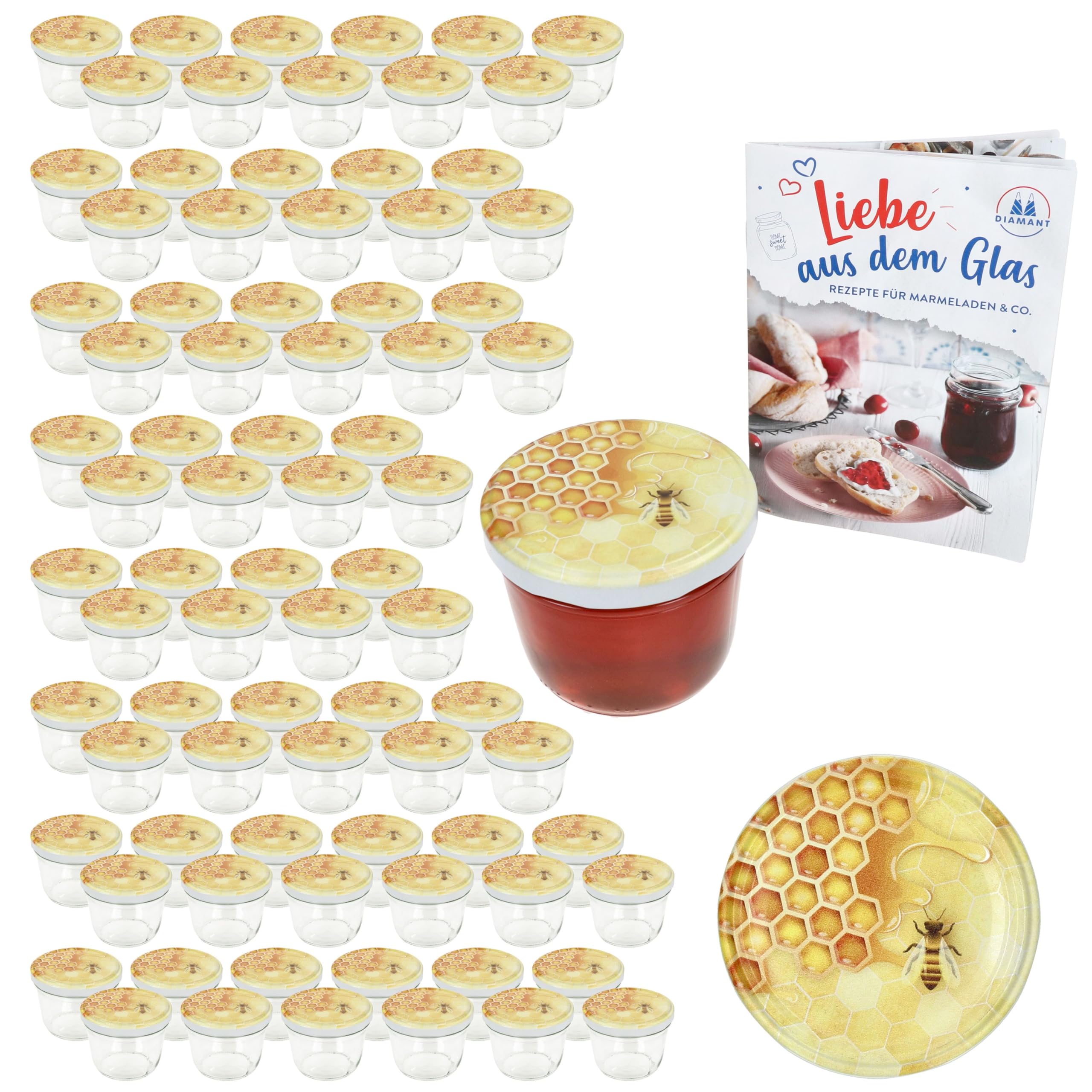 MamboCat 100er Set Sturzglas 230 ml mit Schraub-Deckel Honig I Einmachgläser + to 82 Deckel mit Diamant-Zucker-Rezept I Vorratsgläser einkochen & konservieren