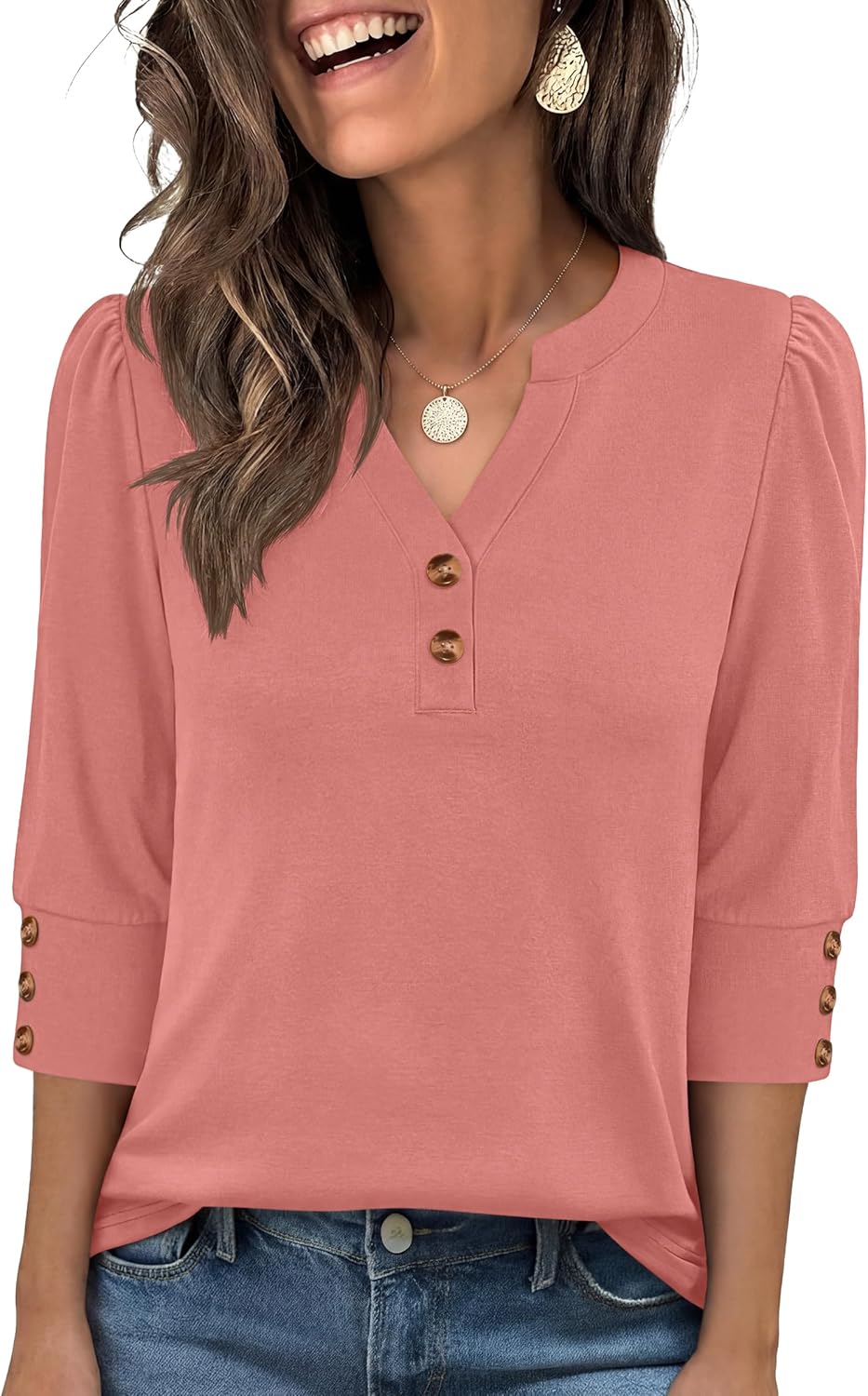 ANRABESS Womens Tops 3/4 Sleeve Casual Henley Shirts V Neck Buttons Dressy Work Business Blouses 2026 Spring Trendy Clothes