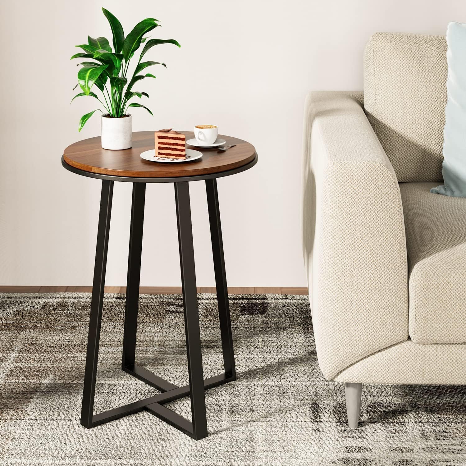 SenceWin Dcor Round Small End Table Walnut Color MDF Top,Metal Frame
