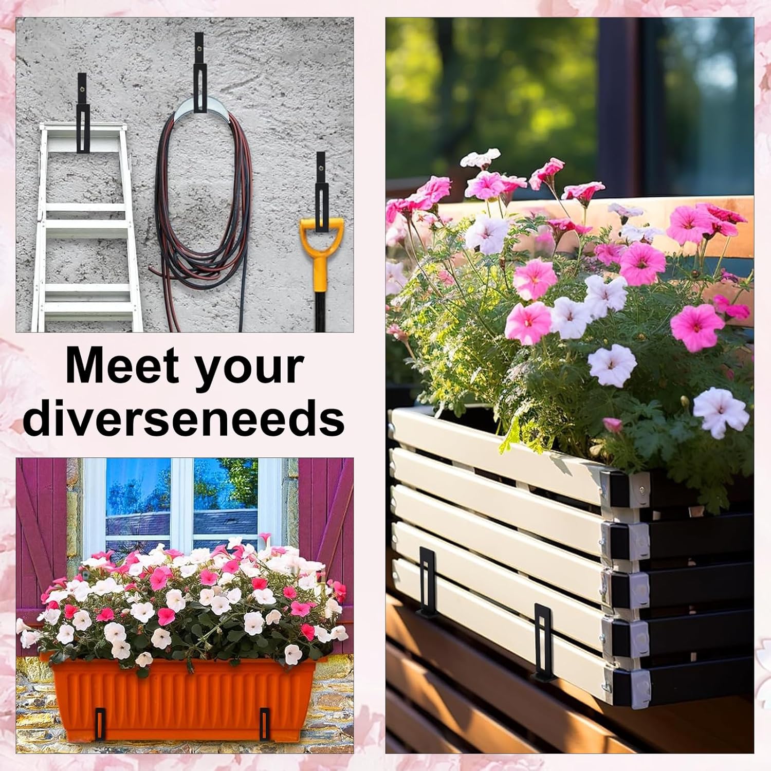 Window Box Brackets, Adjustable Heavy Duty Window Planter Box Brackets, Width Range: 4.4–12 Inches (11–33 Cm), with 75 Lbs Capacity, Black (Wall-Mounted, 6)