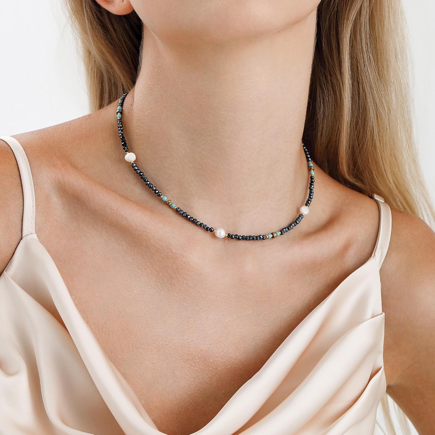 Turquoise Choker Necklace for Women, Western Crystal Bead & Pearl Necklace with Adjustable Chain Natural Stone Energy Jewelry, Boho Beaded Choker for Gifts - Image 3