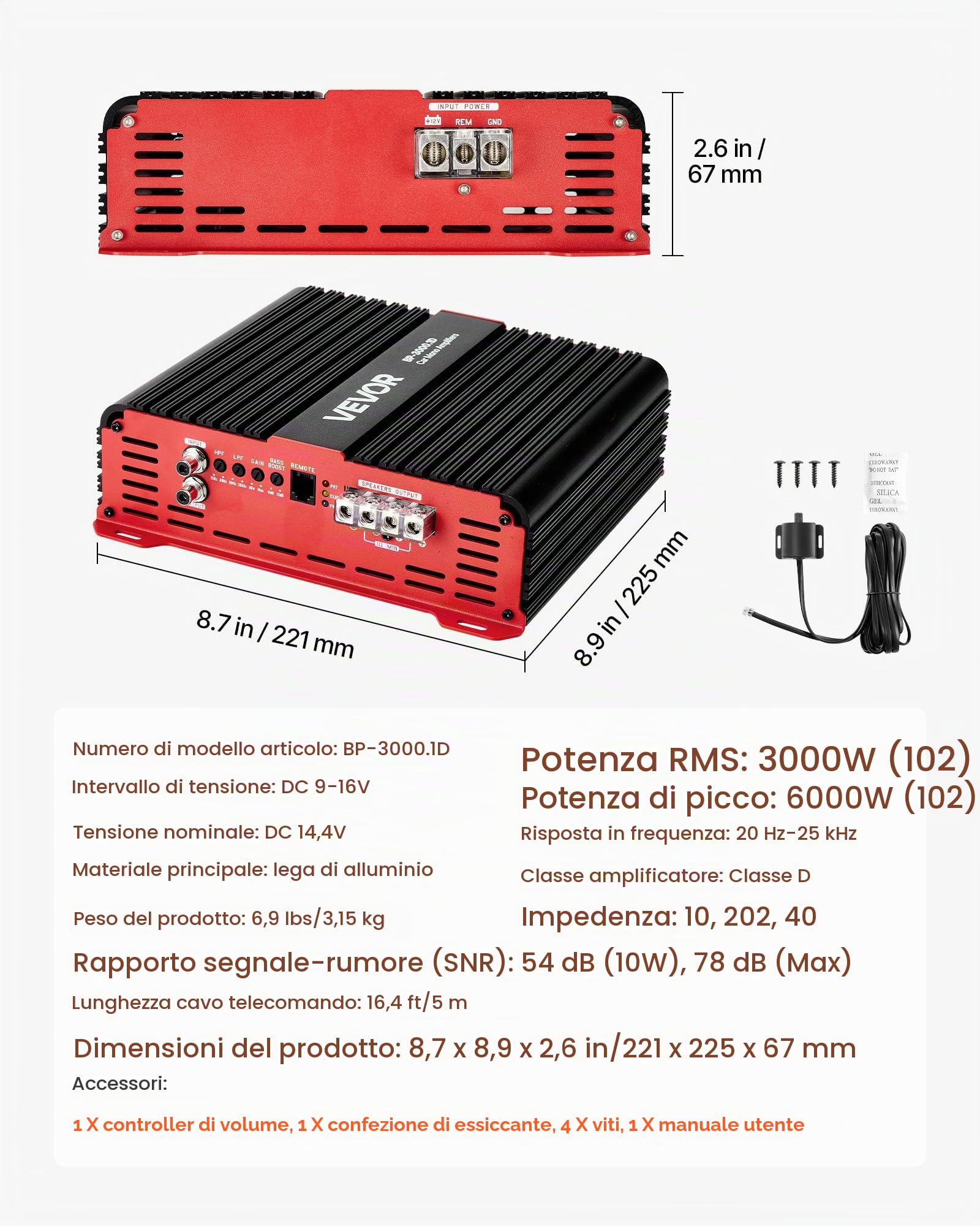 VEVOR Amplificatore Monoblocco per Auto Classe D con Controllo Remoto del Livello del Subwoofer 3000 W, Filtro Passa-Basso, Potenziamento dei Bassi, Spostamento di Fase, Controllo del Volume