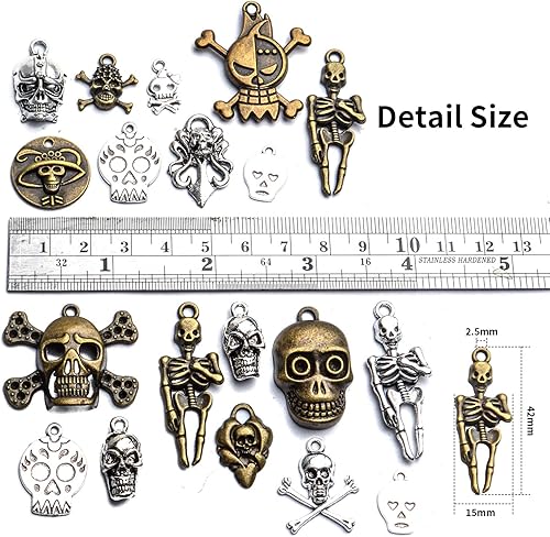 Miniatura 5 de Accesorio de dijes de calavera, 3.53 oz (alrededor de 30 a 50 piezas) Dije de calavera multiestilo con dije de esqueleto de hueso steampunk para