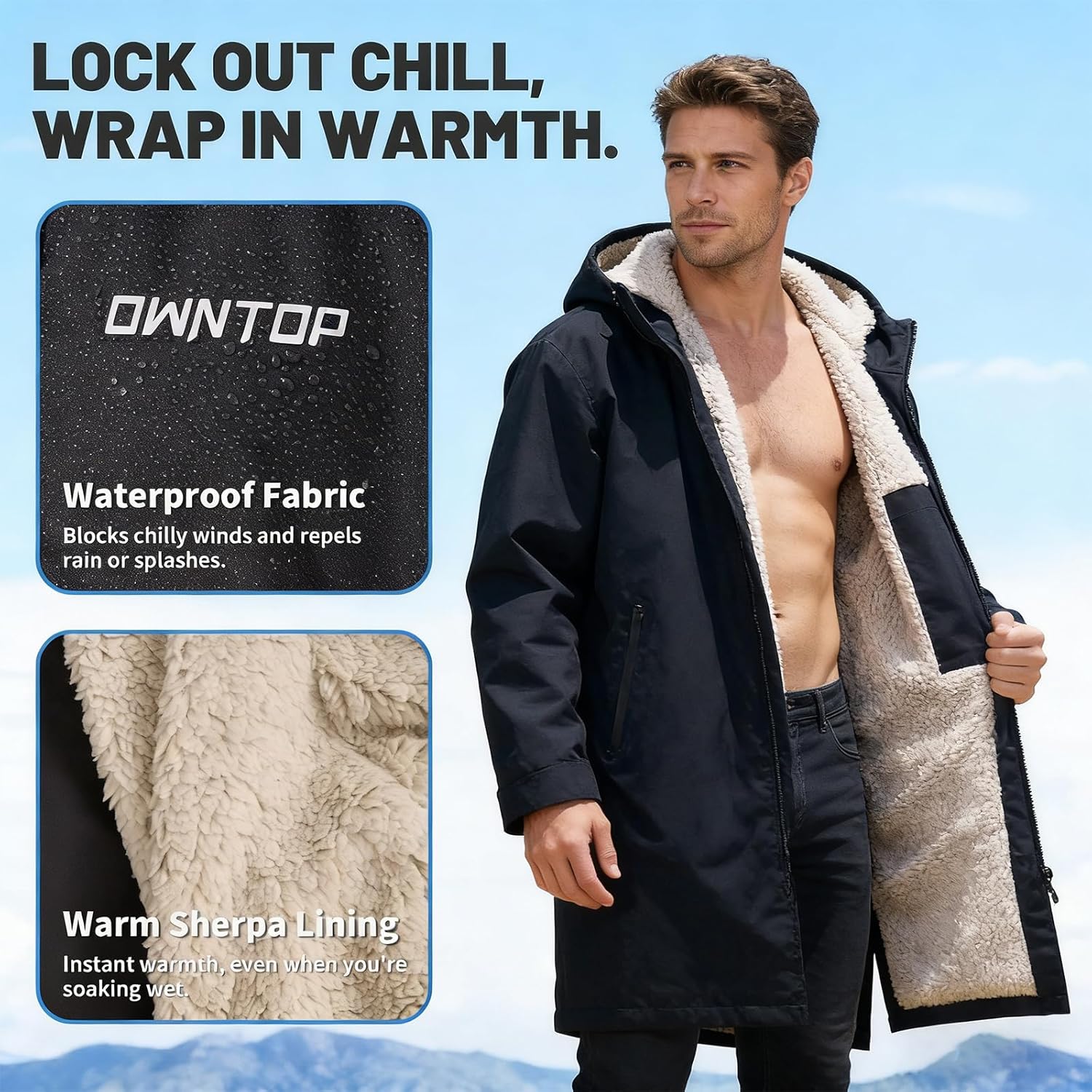 Owntop Swim Parka Kids Adult | Waterproof & Sherpa Lining | Velcro Arm Patch | Oversized Hooded Surf Poncho Changing Robe - Image 3