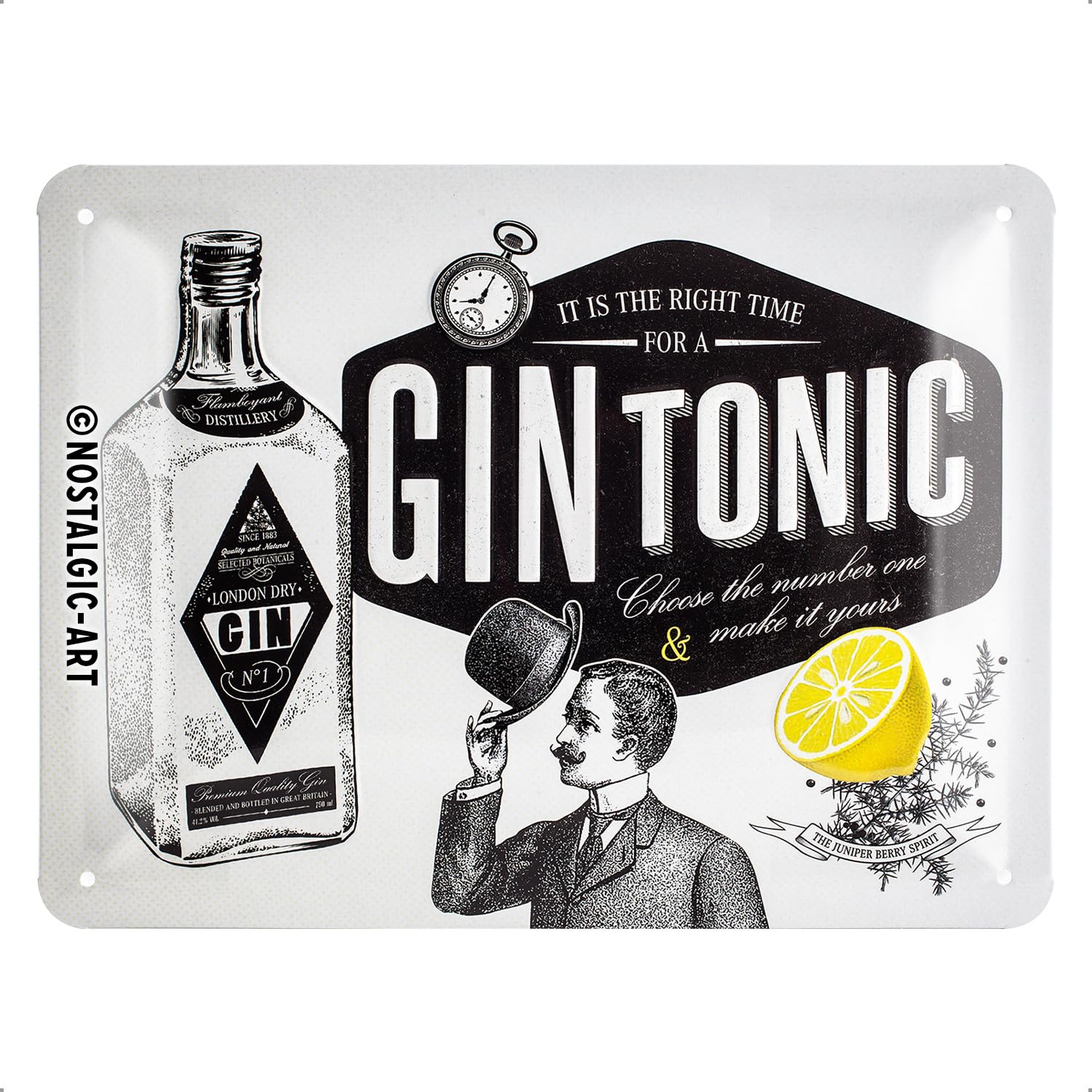 Nostalgic-Art Cartel de Chapa Retro Gin Tonic – Idea de Regalo como Accesorio de Bar, metálico, Diseño Vintage para decoración Pared, 15 x 20 cm