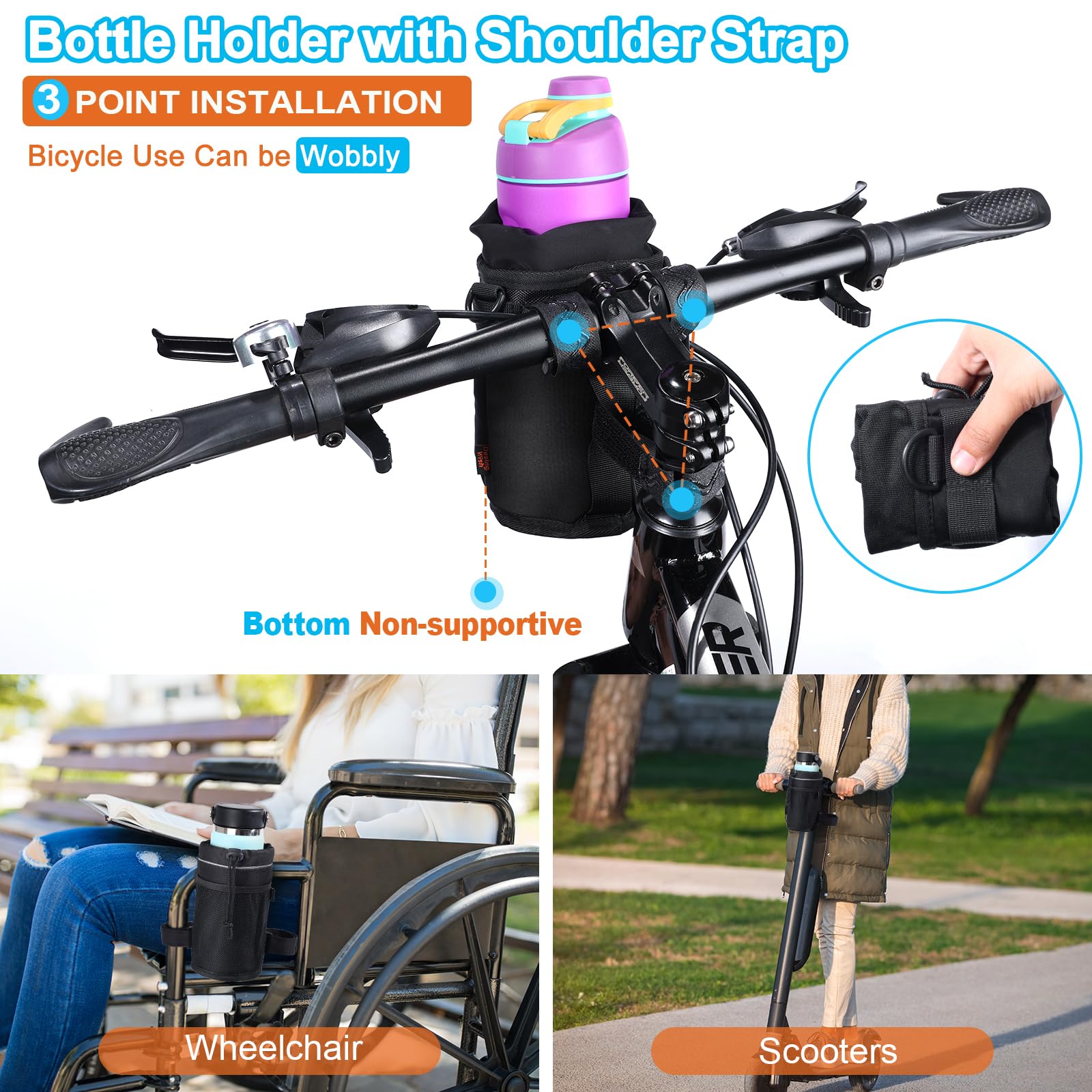 Desing Wish Flaschenhalter Fahrrad - Ohne Schrauben Getränkehalter - Mit Netztasche & Schultergurt