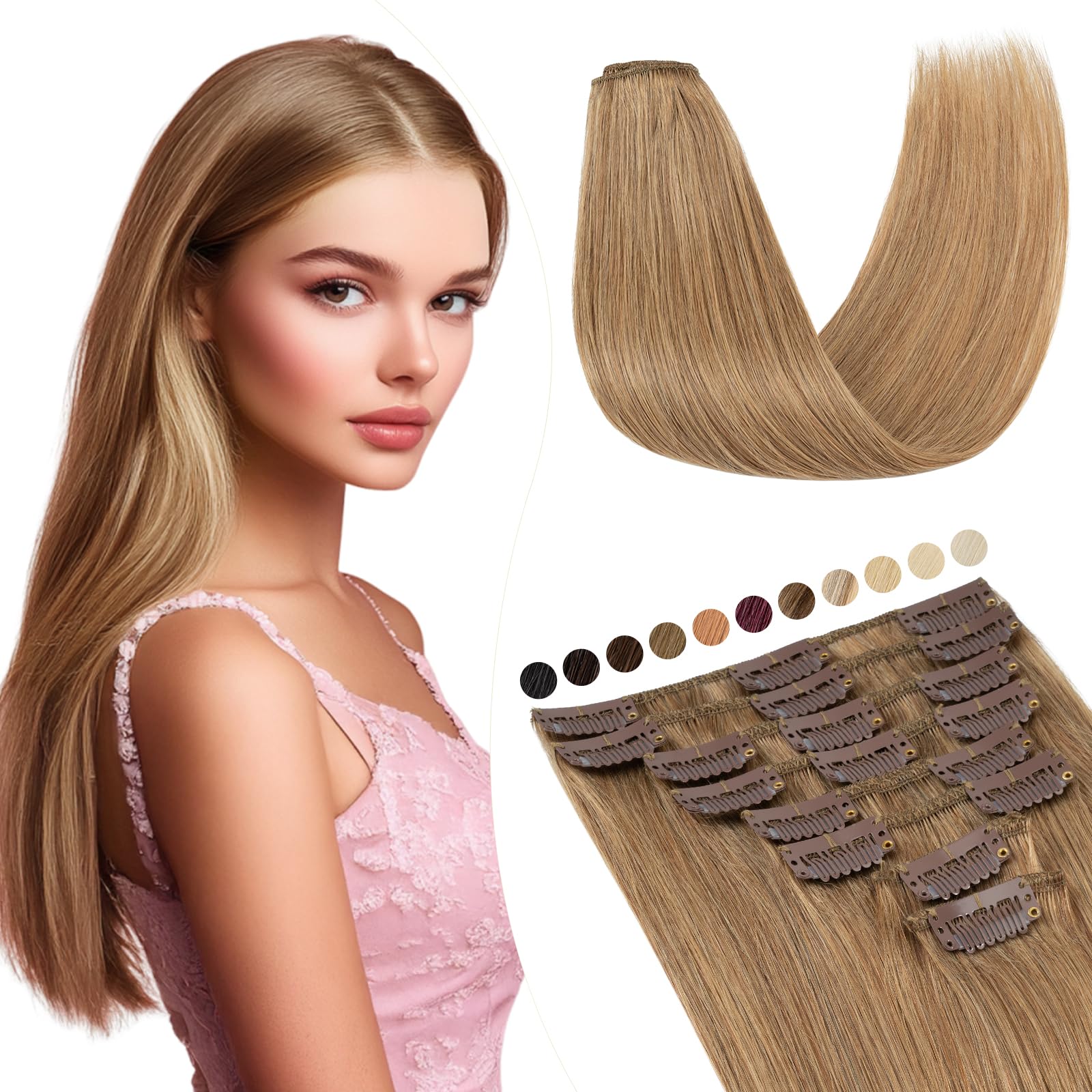 Elailite Echthaar Clip in Extensions 8 Tressen Glatt #27 Dunkelblond, Haarverlängerung Real Human Haar 45cm-70g