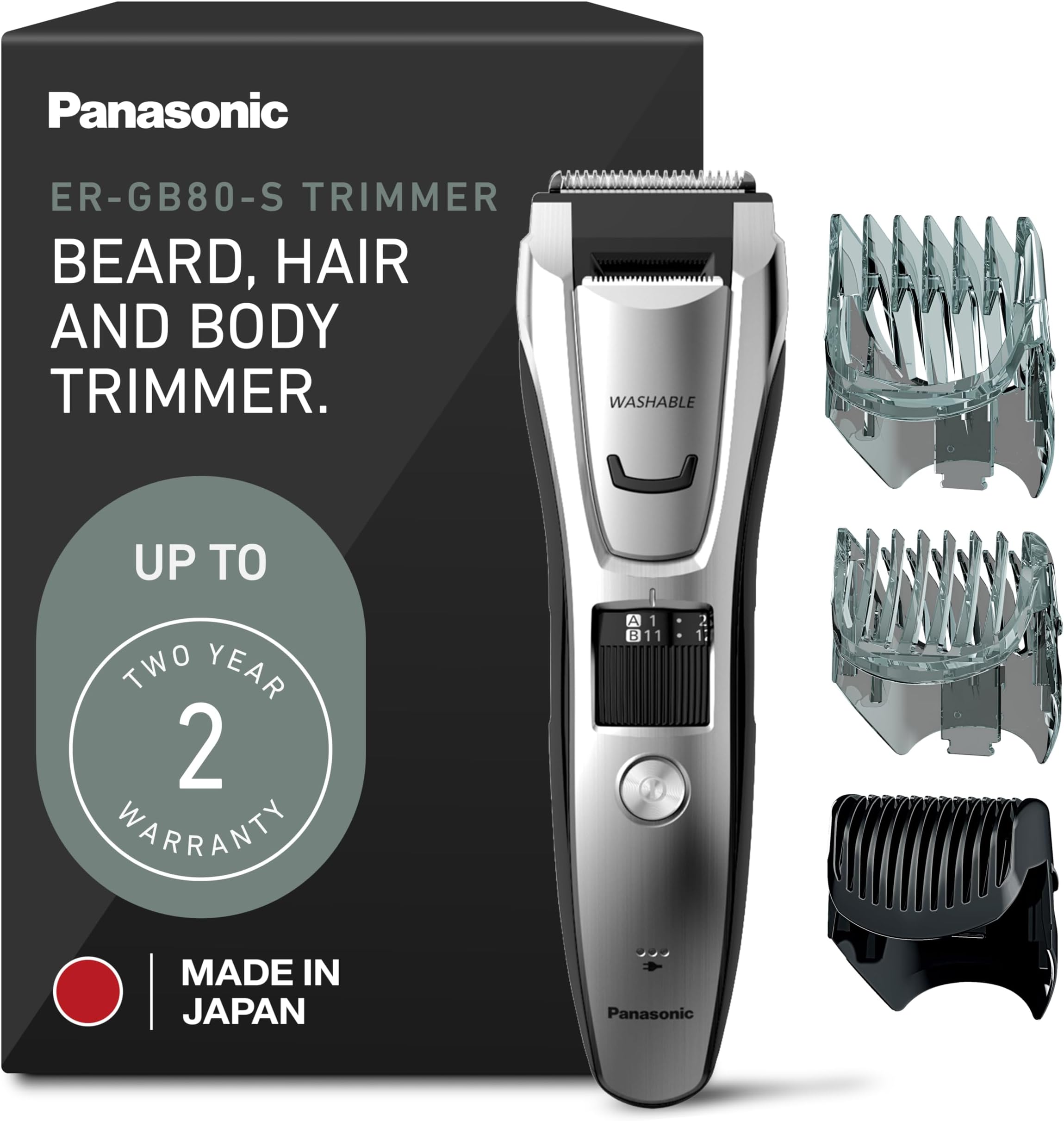 Multi-Groomer Men’s Trimmer for Beard, Hair and Body, 39 Trim Length Settings with 3 Attachments, Corded/Cordless Operation – ER-GB80-S (Silver)