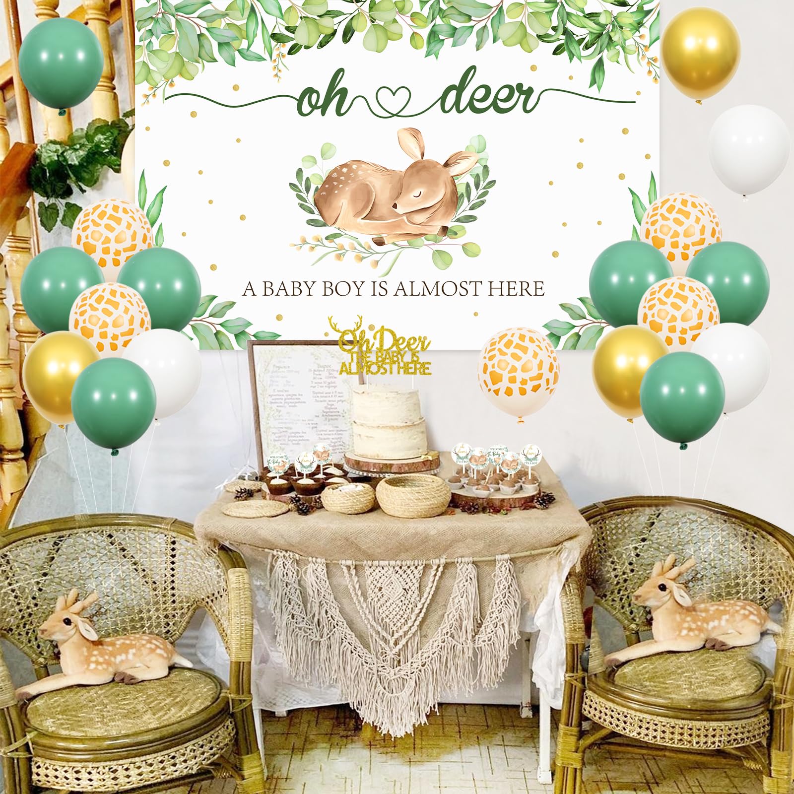 Amazon Sursurprise Deer Baby Shower Decorations for Boy Oh Deer He s Almost Here Banner Backdrop Cake Tapper Cupcake Toppers Balloons for Deer Woodland Animal Baby Shower Party Supplies Home Kitch...