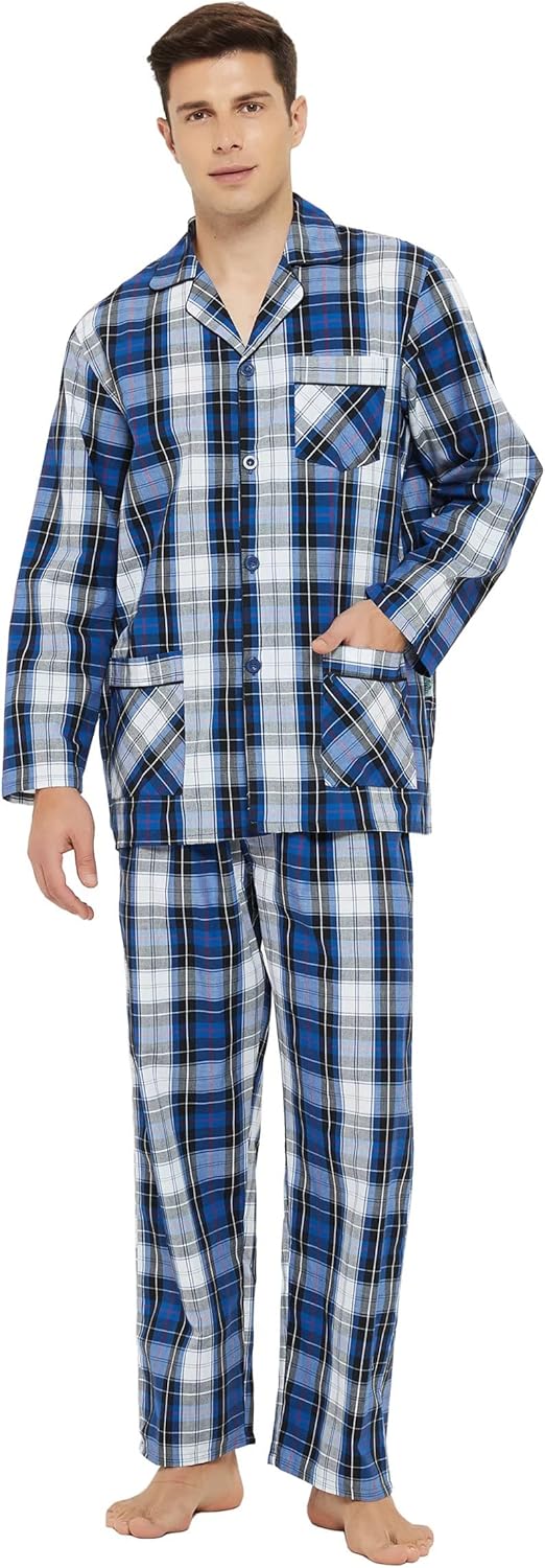 GLOBAL Men 100% Cotton Pajamas Set Button Down Pjs Long Sleeve Pajamas for Men Soft Comfy Sleepwear