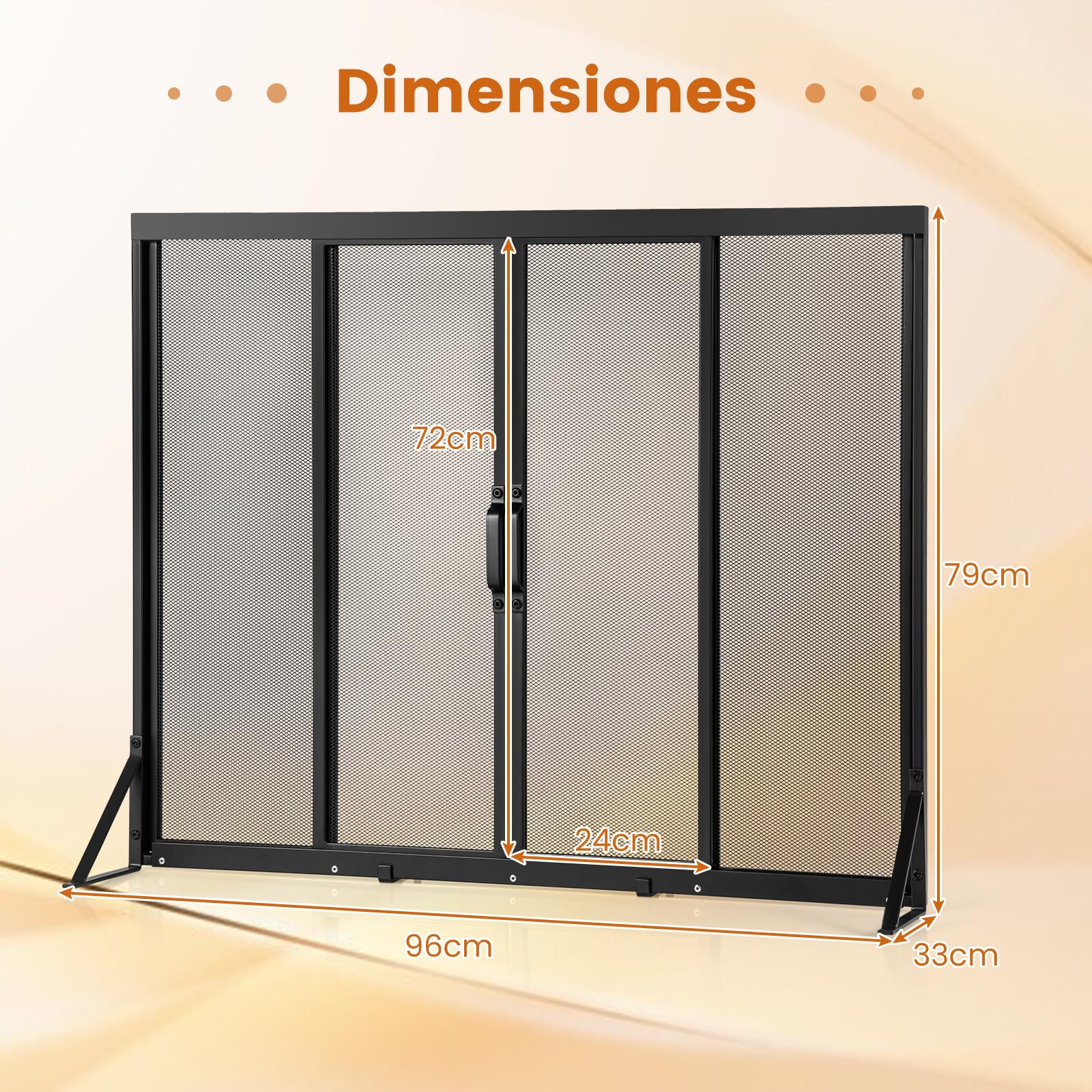 COSTWAY Protector de Chimenea con Puertas Corredizas, Salvachispas para Chimenea de Seguridad con Marco de Soporte Triangular, Malla Metálica, Pantalla para Chimenea de 4 Paneles en Hogar (96 x 79 cm)